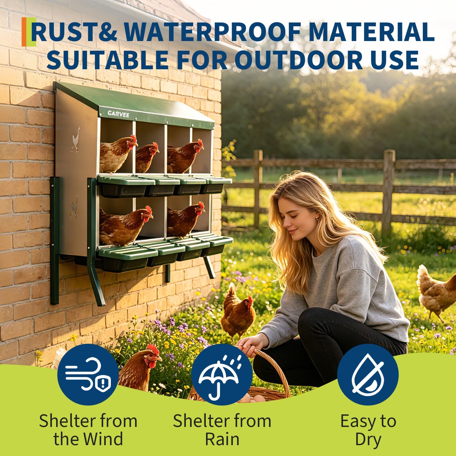 Garvee 8 Compartment Metal Chicken Nesting Box – Galvanized, Ventilated, Roll Away Egg Collection, Removable Tray, Perch, Easy Clean for Hens, Ducks, Geese – Green with Chicken Design – Size: 8 Compartments, Color: Green (Side Chicken Design)
