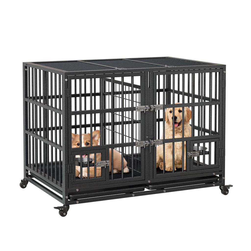 Garvee Heavy Duty Dog Crate with Food Bowl, 48 Inch Escape-Proof Metal Kennel with Divider, Double Doors, Removable Tray, Lockable Wheels, Indoor Outdoor Dog Cage for Small to Large Dogs