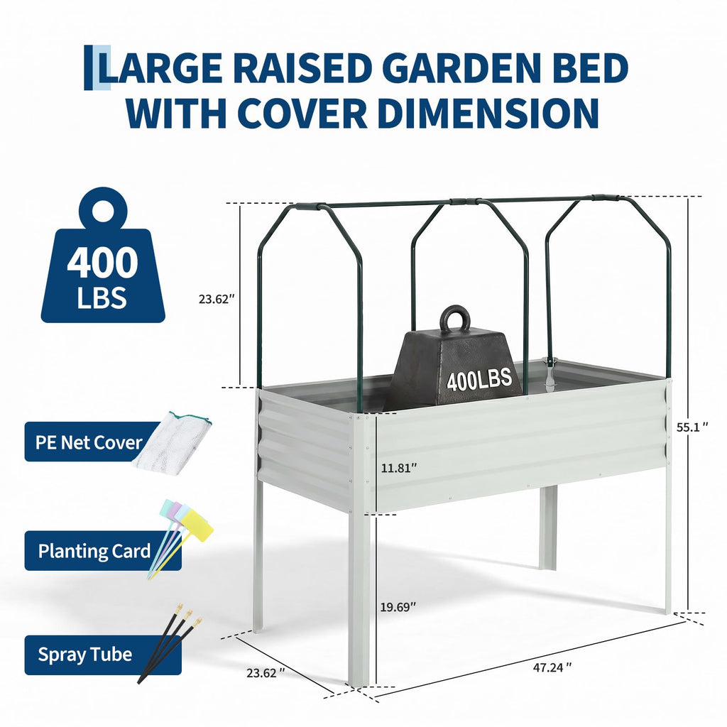 Garvee Elevated Garden Planter, 48 x 24 x 55-Inch Galvanized Metal Raised Bed with Greenhouse Cover, Bird Net and 4 Plant Signs for Patio and Balcony, Gray