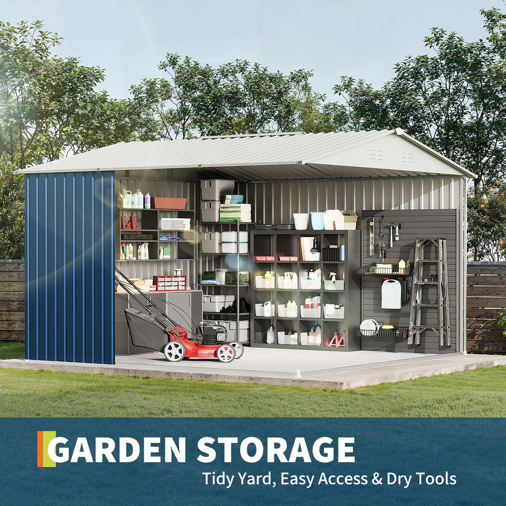 Garvee 10' x 10' Blue Metal Outdoor Storage Shed, 540 Cu.Ft. Galvanized Steel Garden Tool Shed with Lockable Door, Peak Roof & Air Vents