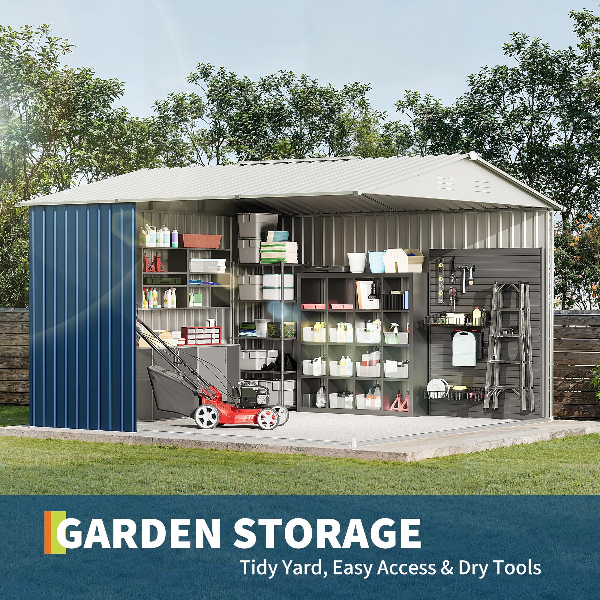 Garvee 10' x 10' Blue Metal Outdoor Storage Shed, 540 Cu.Ft. Galvanized Steel Garden Tool Shed with Lockable Door, Peak Roof & Air Vents