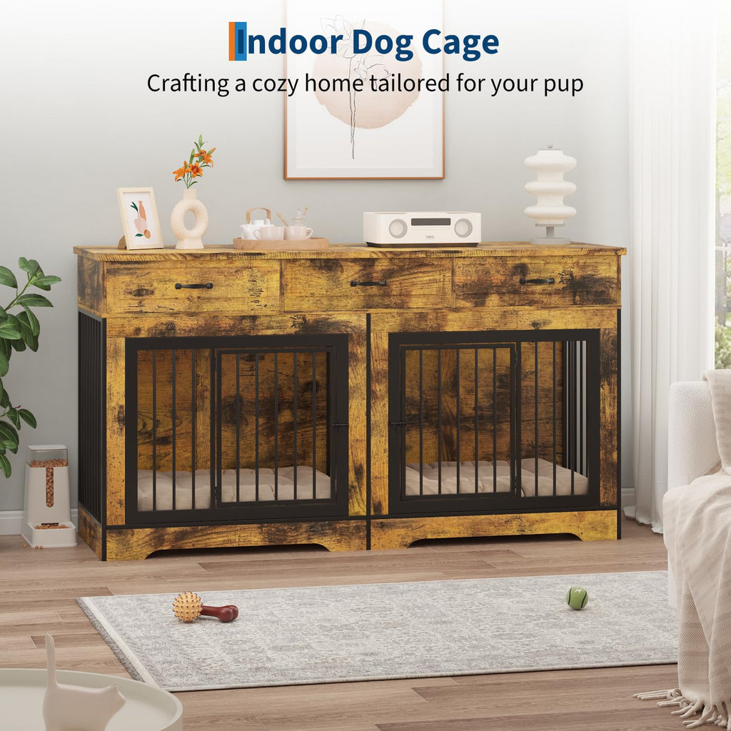 Garvee 71" Dog Crate Furniture for 2 Dogs, Heavy Duty Double Dog Kennel with 3 Drawers, Extra Large Furniture Style Indoor Dog Crate Table TV Stand  for Medium/Large Dogs, Brown