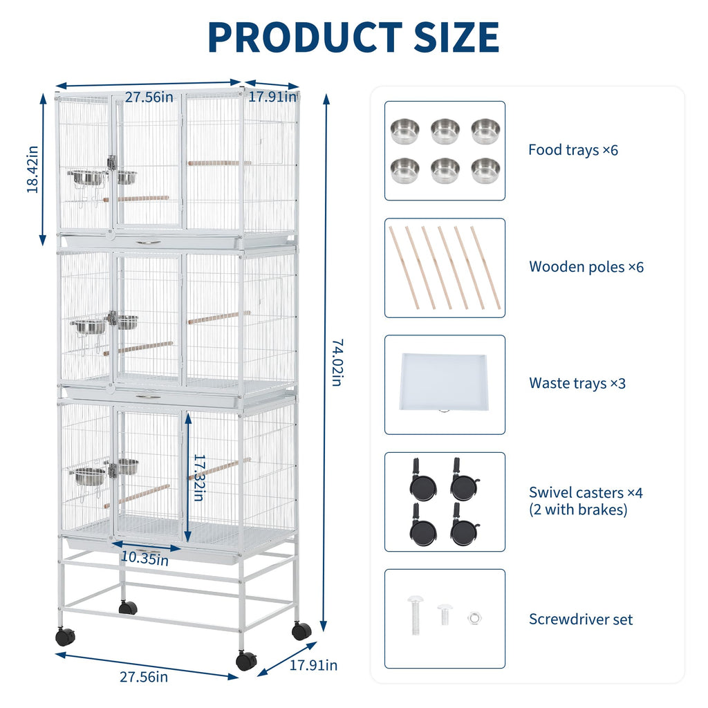 Garvee Heavy Duty Large Bird Cage - 74 Inch Stackable Aviary with 3 Dividable Compartments, Removable Trays, Spacious Flight Enclosure for Parakeets, Cockatiels, Conures, Finches, Easy Clean - White