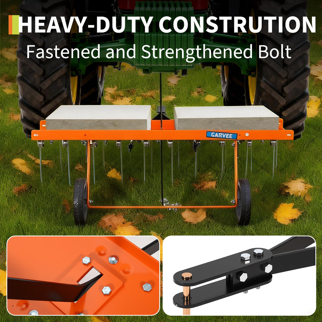 Garvee Tow Behind Lawn Rake 40-Inch Dethatcher with 20 Steel Tines Heavy-Duty Steel Frame Adjustable Weight Tray for ATV Mower Garden Farm