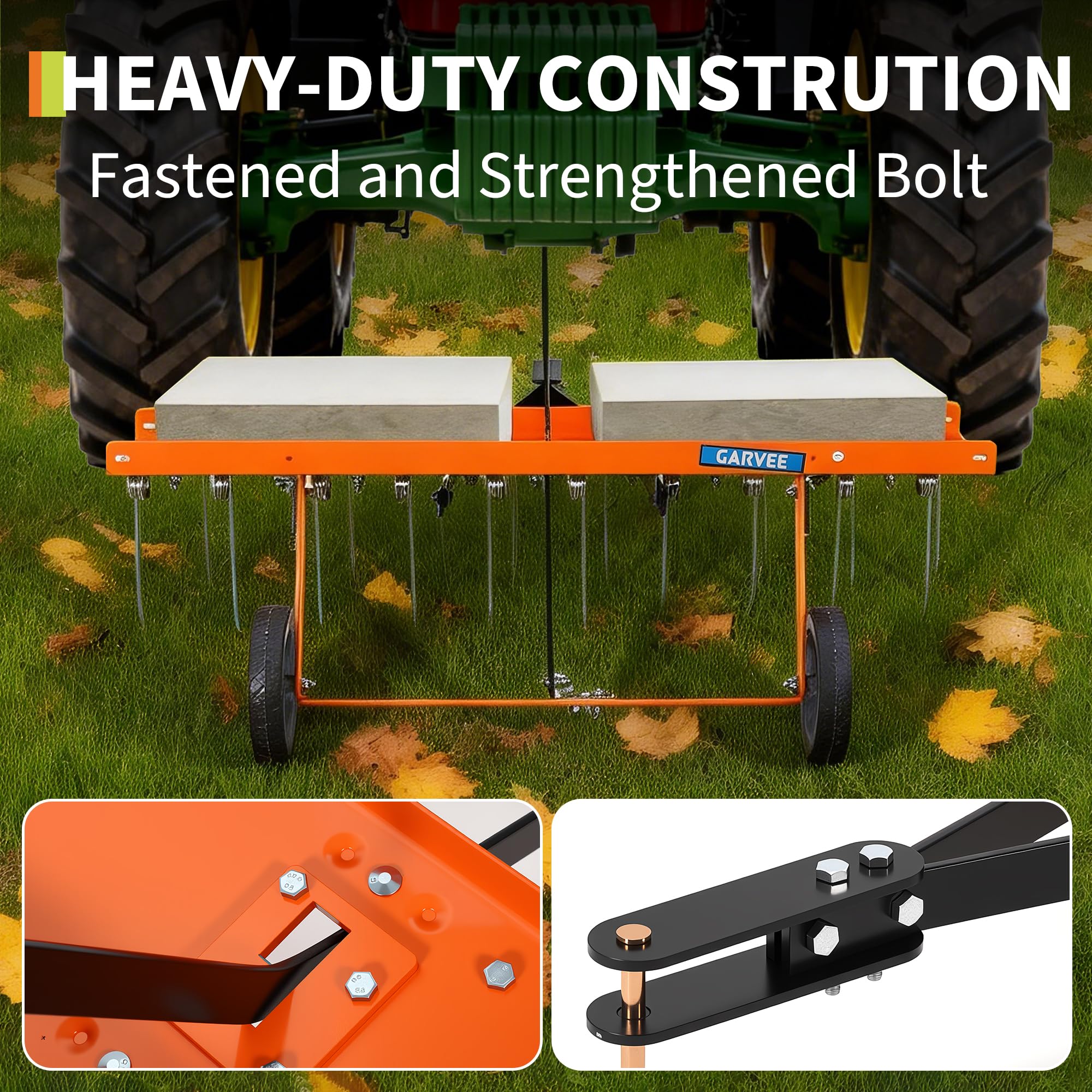 Garvee Tow Behind Lawn Rake 40-Inch Dethatcher with 20 Steel Tines Heavy-Duty Steel Frame Adjustable Weight Tray for ATV Mower Garden Farm