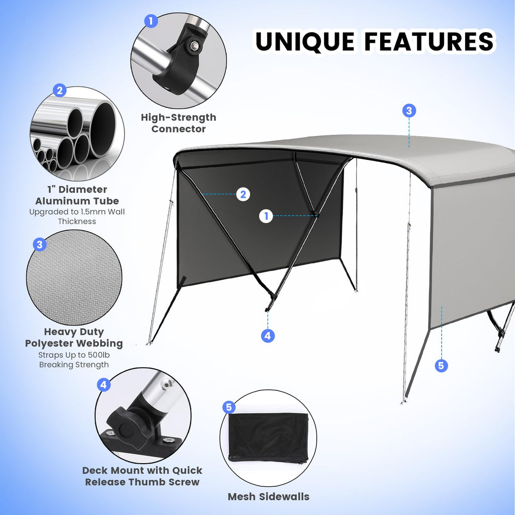 Garvee 3 Bow Bimini Top for Boats – Marine-Grade 600D Waterproof Polyester Canopy with Adjustable Aluminum Frame, Removable Mesh Side Curtains, Sun Shade Protection, Rear Support Poles, Straps, Storage Bag – Grey – Size: 6'×67-72"×46" – 4-Wind Rope,