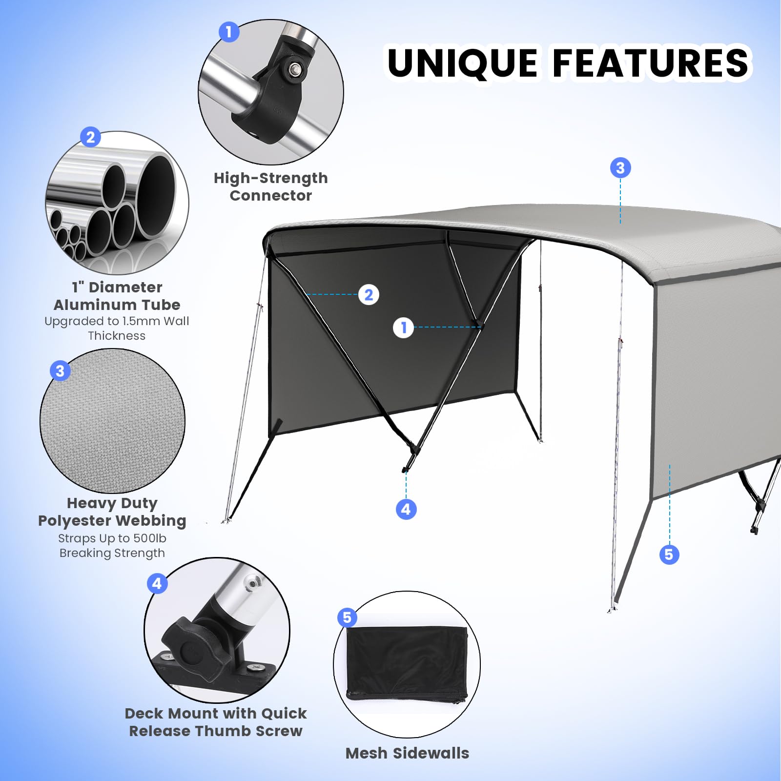 Garvee Heavy-Duty 3 Bow Bimini Top for Boats – 600D Waterproof Marine Canopy with Removable Mesh Sidewalls, Adjustable Aluminum Alloy Frame, Side Curtains, Rear Support Poles, Storage Boot, Easy Install Sun Shade, Grey, Size: 3BOW 6'×54-60"×46" 4-wind