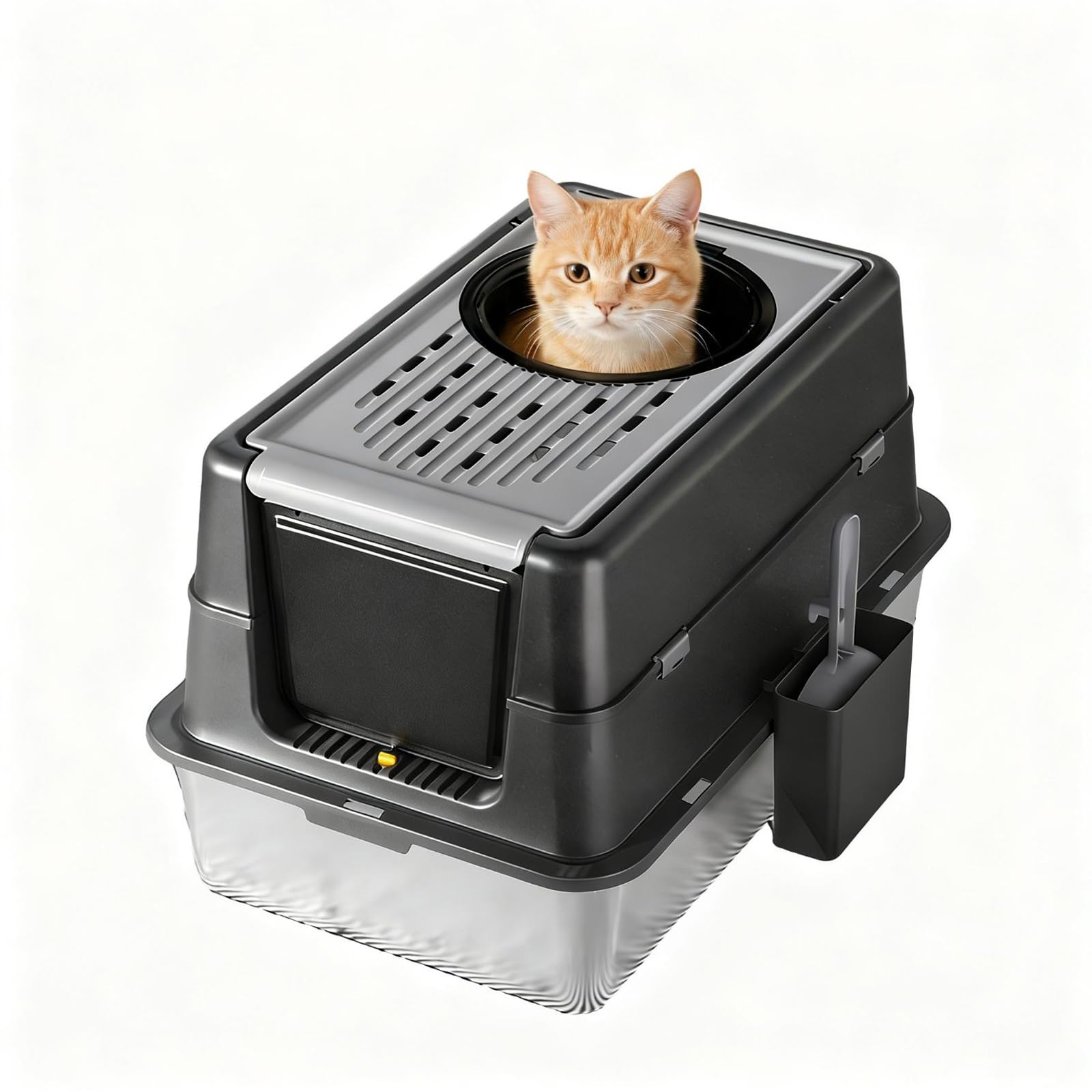 Garvee Extra Large Stainless Steel Cat Litter Box – Dual Front & Top Entry, 180° Turn Over-Top Enclosed Design, Leak-Proof, Odor Control, Easy Clean, Anti-Slip Base – For Large or Multi-Cat Households – Deep Black – Size: 60x40x38.5cm