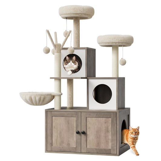 Garvee 54-Inch Litter Box Enclosure with Cat Tree, 2-in-1 Modern Large Cat Tower for Indoor Cats with Condo/Hammock/Scratching Post/Plush Perch/Caves, Wooden Hidden Litter Box Furniture, Grey
