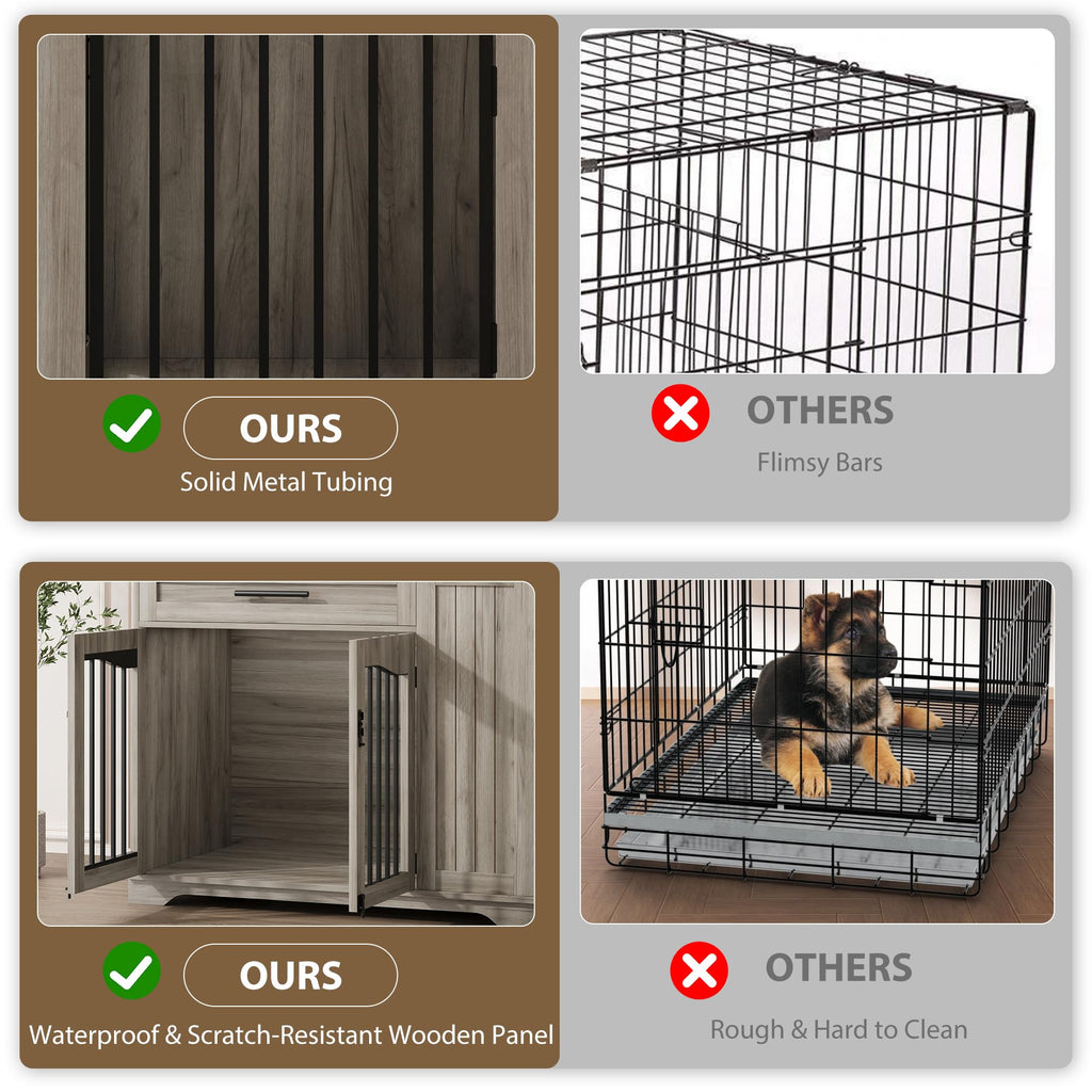 Garvee Wooden Dog Crate Furniture with Feeding Bowls & Storage, Heavy Duty Indoor Dog Kennel End Table, Decorative Furniture Dog Crate for Small Medium Large Dogs, Gray