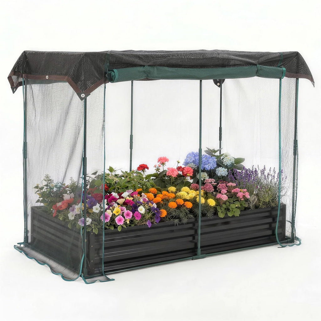 Garvee 8 x 4 x 1 FT Galvanized Raised Garden Bed with Crop Cage, 60% Shade Cloth, Zippered Mesh Doors & Pest Barrier for Vegetables, Herbs and Flowers, Black