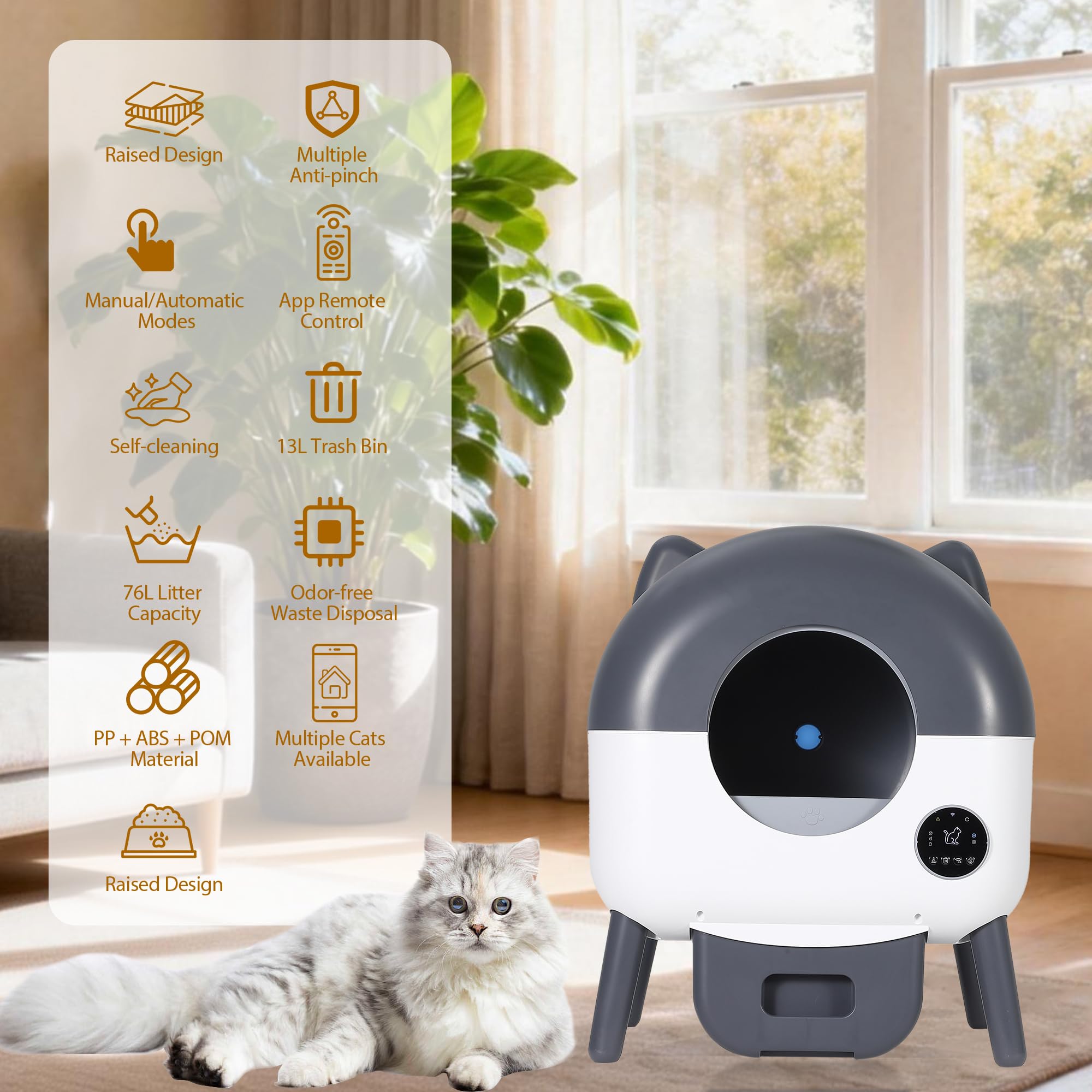 Garvee Automatic Self Cleaning Litter Box, 76L Capacity Extra Large Automatic Cat Litter Box for Multiple Cats, Smart Safety Sensors, App Control, Low Noise, Washable Tray & Trash Bag, Dark Gray