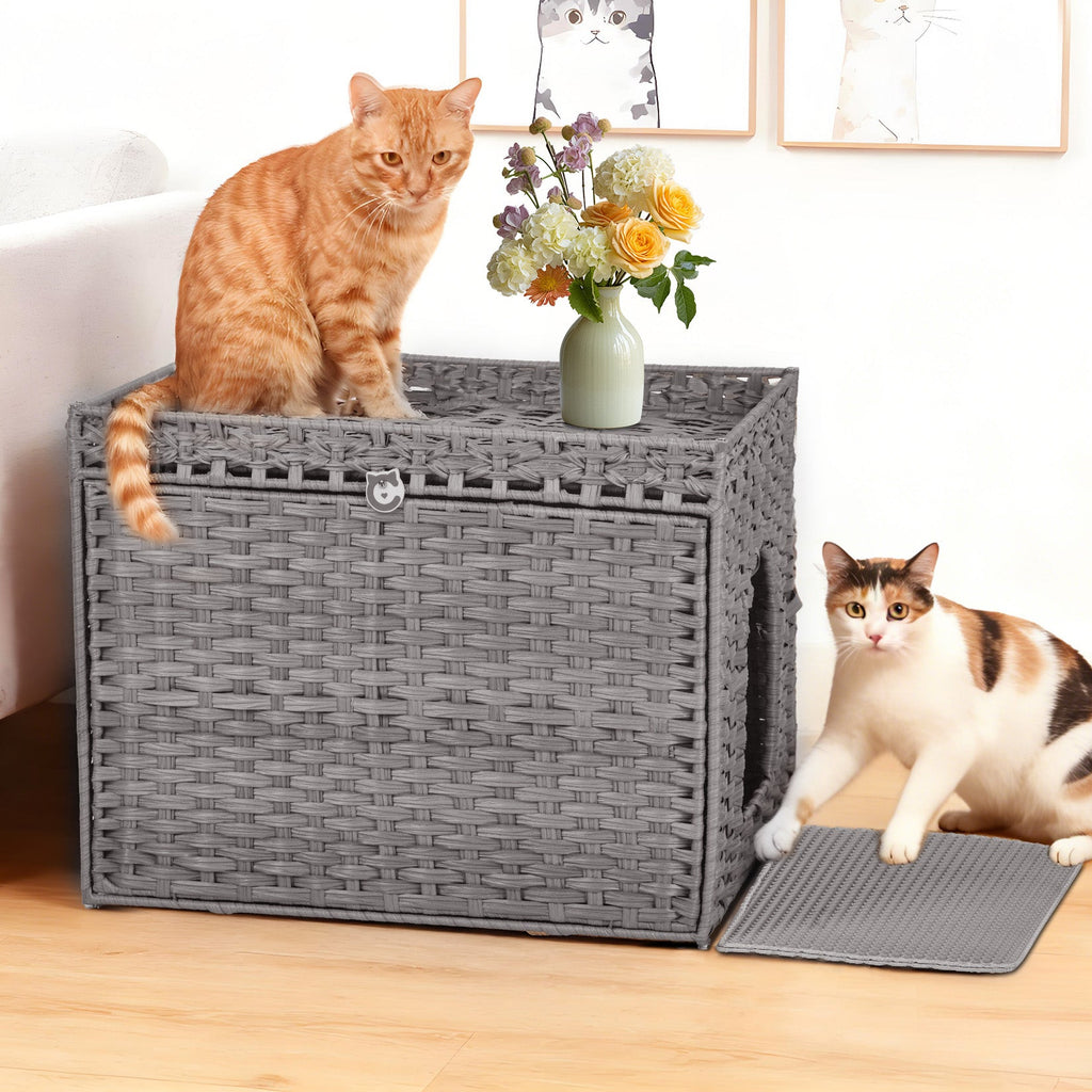 Garvee Handwoven Rattan Cat Litter Box Cabinet – Large Covered Enclosure with Removable Mat and Fence – Stylish Hidden Litter Furniture for Living Room or Apartment, Easy Assembly – Grey