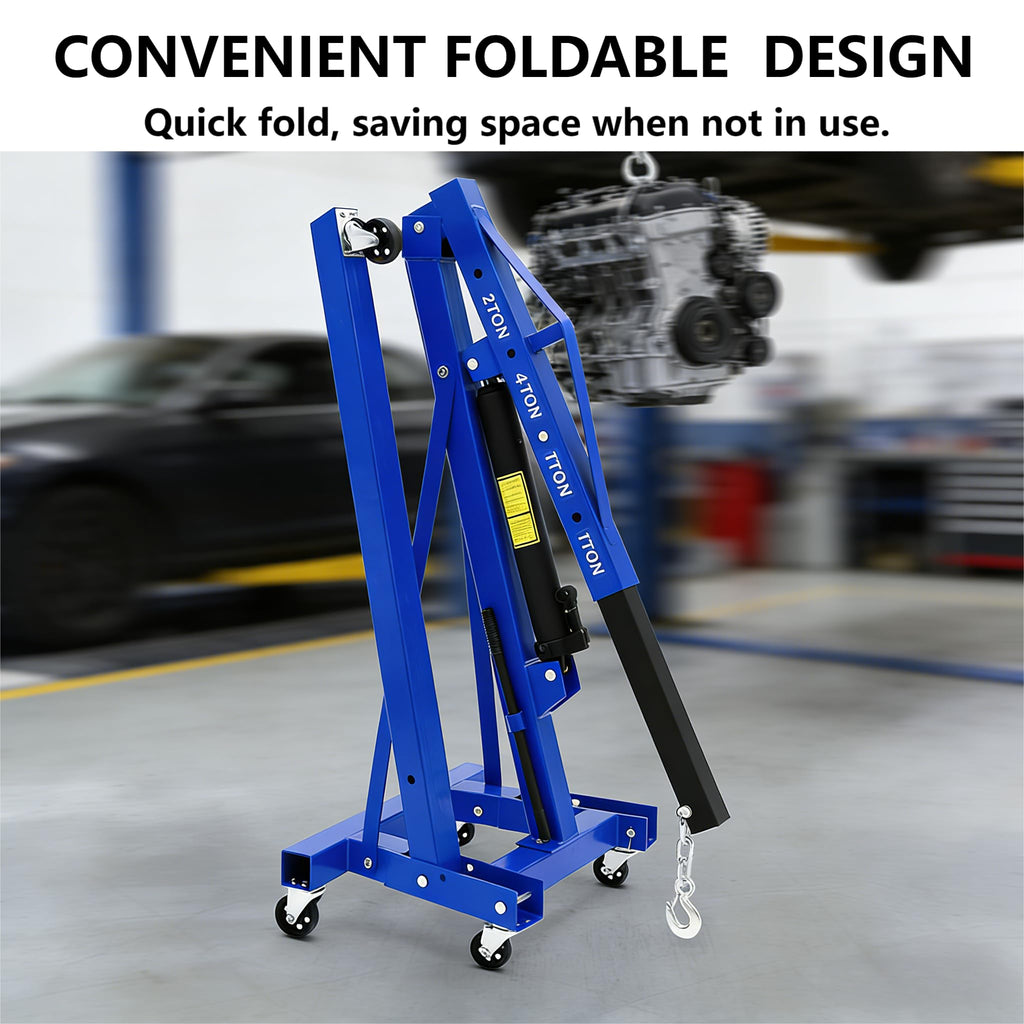 Garvee 2-Ton Engine Hoist - 4400 lbs Folding Hydraulic Cherry Picker, Heavy-Duty Shop Crane with 6 Caster Wheels and 4 Adjustable Boom Positions for Warehouse, Garage, and Workshop, Blue