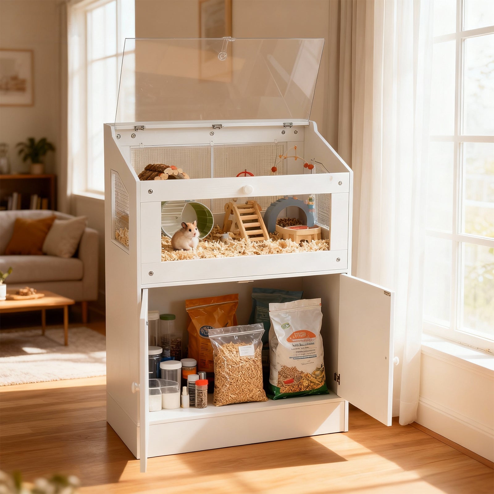 Garvee Hamster Cage, Small Animal Cages with Storage Cabinet, Clear Visual Acrylic Panels and Ventilated Design, Guinea Pig Cage for Small Animals, Gerbils, Rats, Hedgehogs