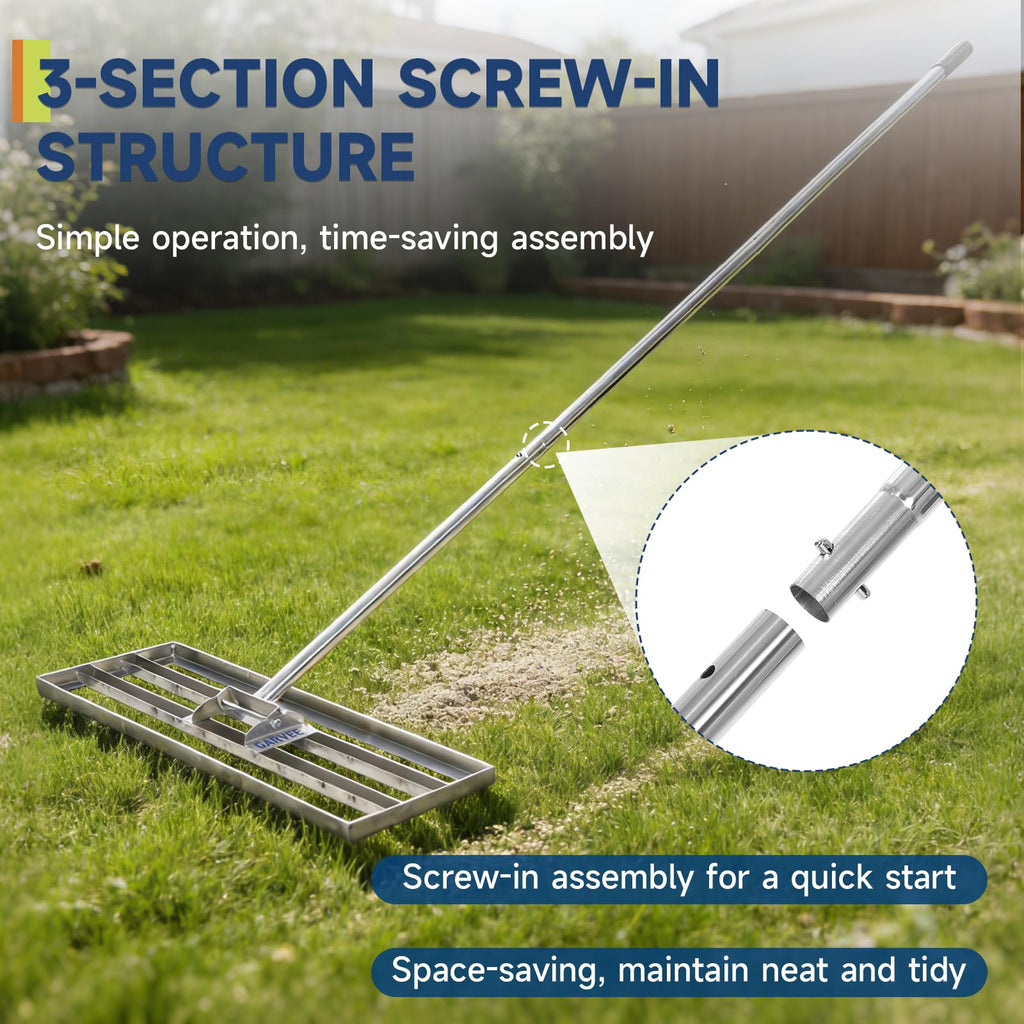 Garvee Professional Heavy Duty Stainless Steel Lawn Leveling Rake – 36x10 Inch, 6.5FT Extended Handle, Garden and Golf Lawn Soil Spreader – Includes Gloves | Size 36*10 | Handle 6.5FT | Stainless steel | With gloves