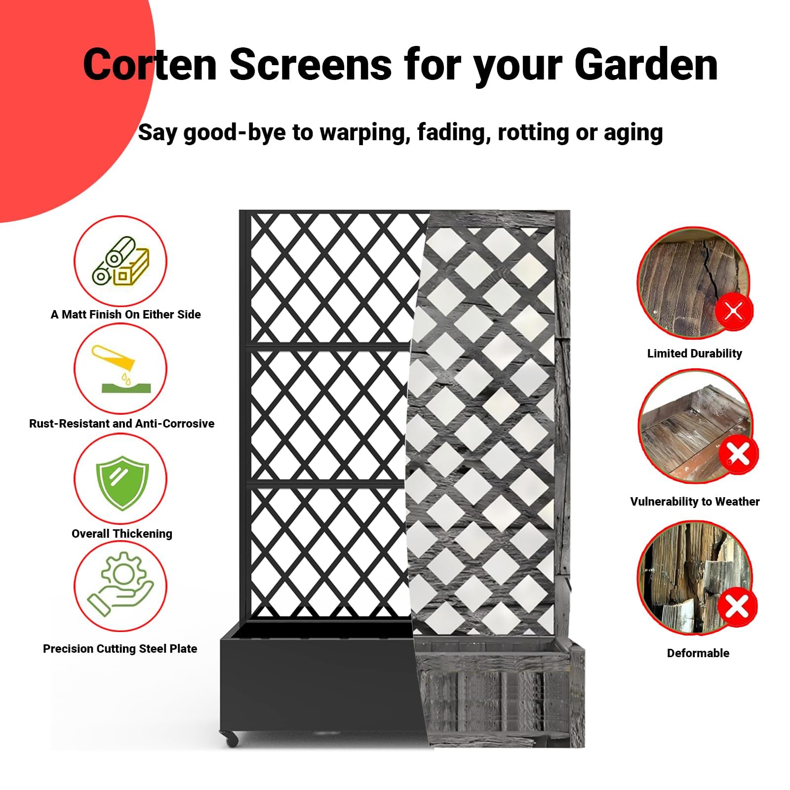 Garvee Raised Garden Bed with Trellis, 72" H × 47" W × 16" D Galvanized Steel Planter Box with Locking Wheels, Drainage Holes and Privacy Screen for Climbing Plants, Black