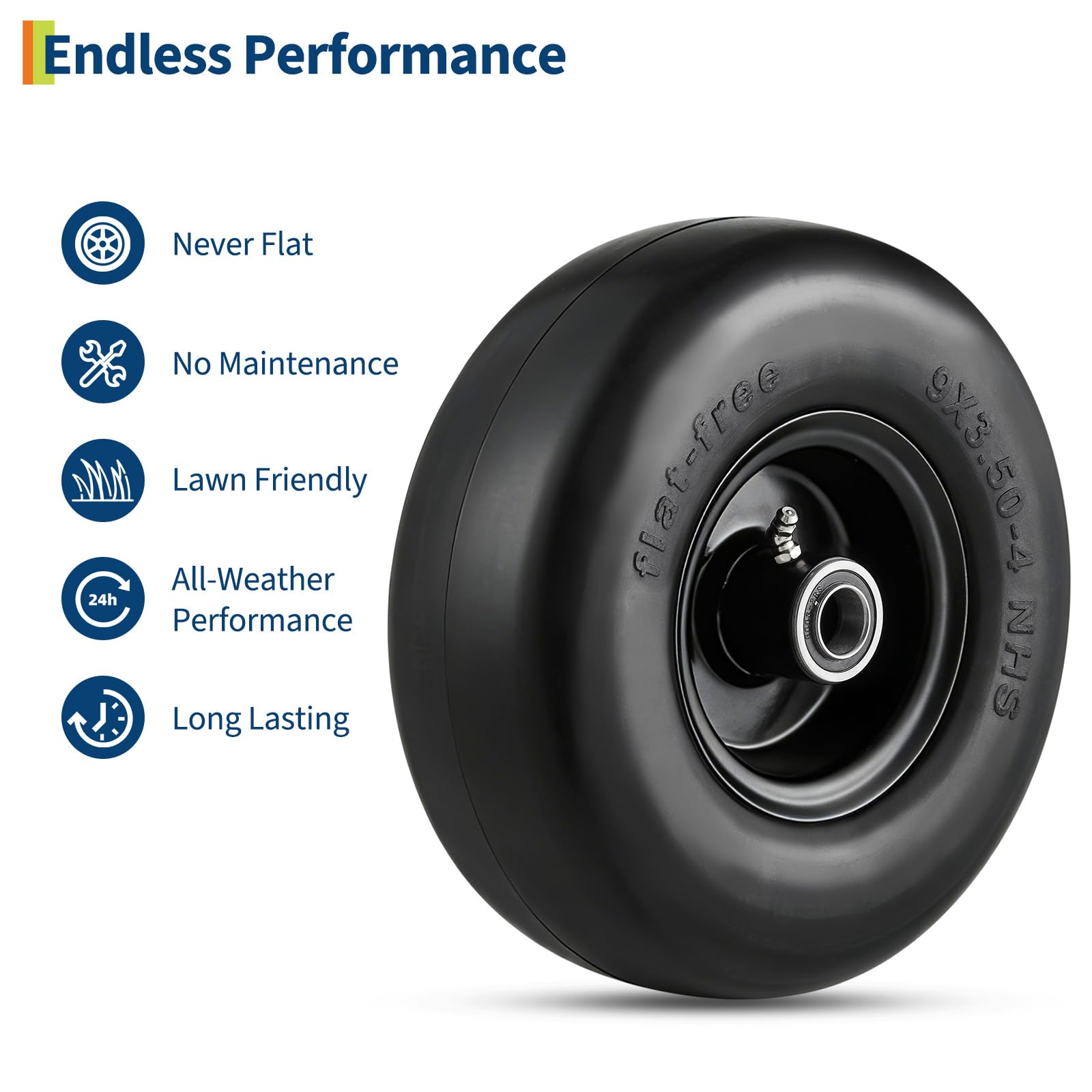 Garvee 2 Pack 9x3.50-4 Flat Free Lawn Mower Tire with PU Foam, Steel Rim, 3/4" 5/8" Bushings, Durable, Zero Maintenance for Push Mower