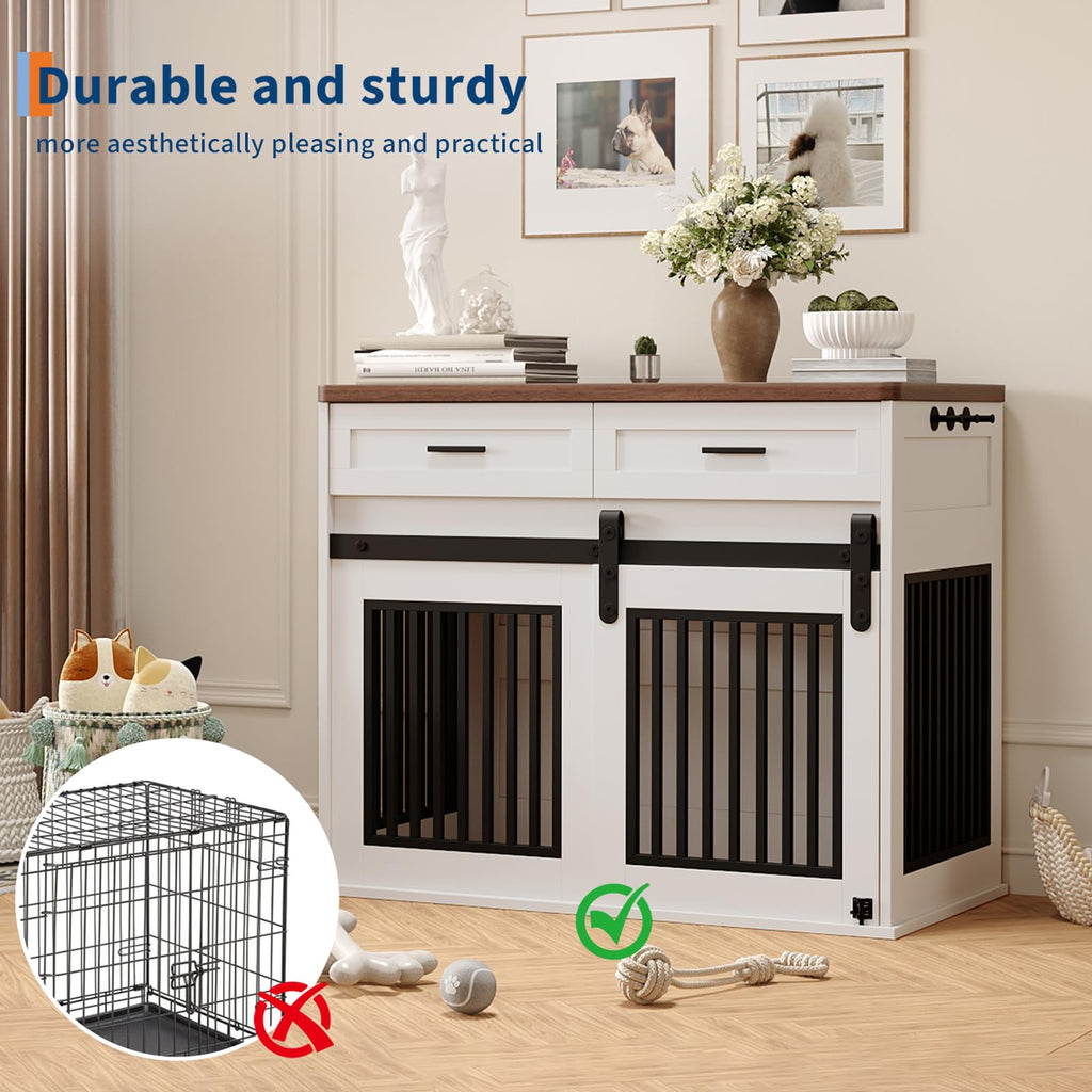 Garvee Heavy Duty Wooden Dog Crate Furniture with Sliding Barn Door and 2 Storage Drawers, Indoor Dog Kennel End Table with Hook, Farmhouse Style Dog Crates for Medium/Large Dogs, White