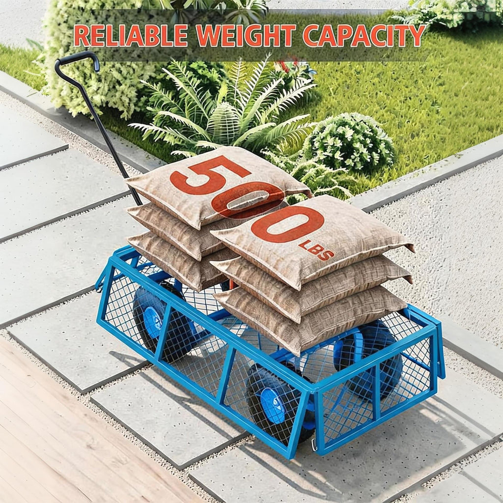 Garvee Steel Garden Cart for Yard and Gardening, 500 lbs Capacity with 10-Inch Pneumatic Tires, Removable Mesh Sides and Flexible Handle, Blue