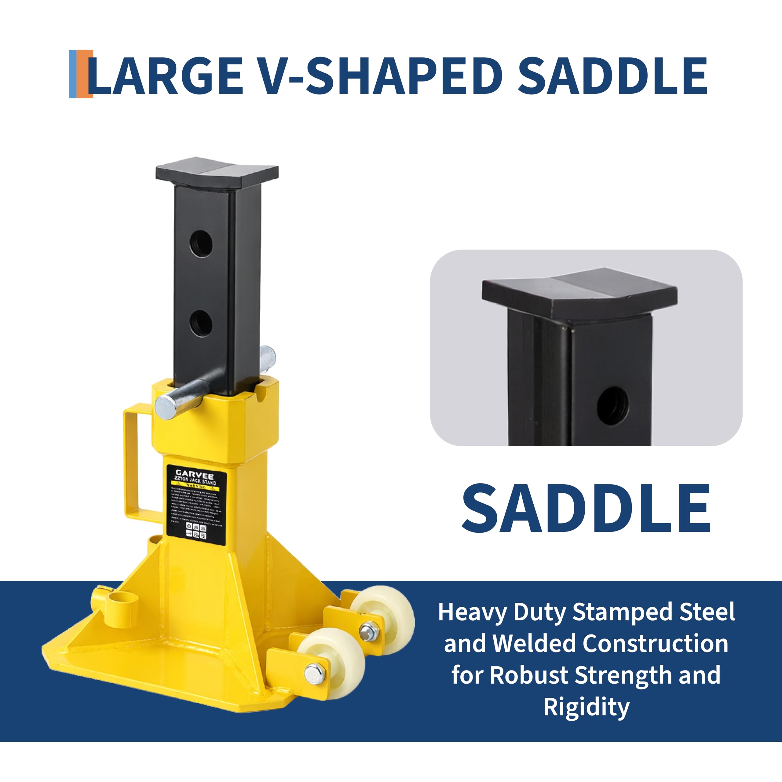 Garvee 22 Ton Jack Stands, Heavy-Duty Pin-Type Car Jack Stands with Lock, 2 Caster Wheels, Wide Base Safety Design, Adjustable Height (13.8"-19.7") for Trucks, Trailers, and Equipment, Yellow