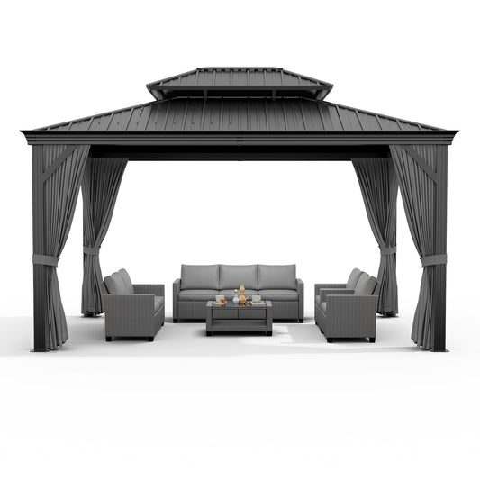 Garvee 12' x 16' Hardtop Gazebo, Double Metal Roof, Aluminum Frame Outdoor Pavilion with Curtains & Mosquito Netting for Patio, Backyard & Garden, Black/Gray