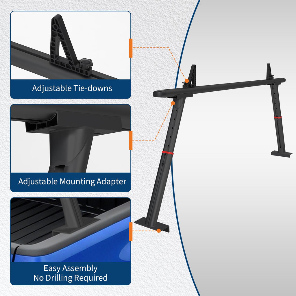 Garvee Adjustable Aluminum Truck Rack 35.4–71", 800 lbs Capacity Two-Bar Ladder Rack with 8 No-Drill C-Clamps, Heavy-Duty Pickup Bed Support for Kayak, Surfboard, Lumber & Ladders - Black