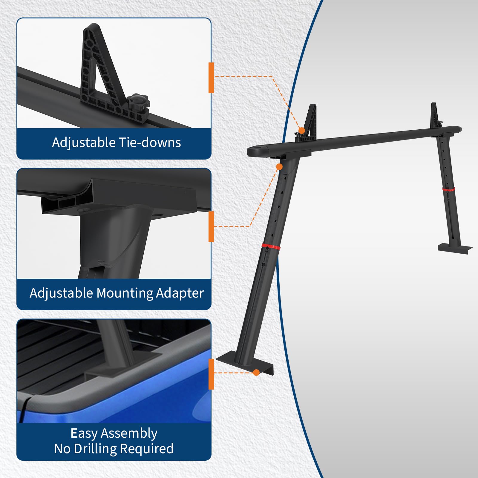 Garvee Adjustable Aluminum Truck Rack 35.4–71", 800 lbs Capacity Two-Bar Ladder Rack with 8 No-Drill C-Clamps, Heavy-Duty Pickup Bed Support for Kayak, Surfboard, Lumber & Ladders - Black
