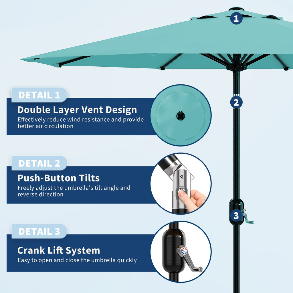 Garvee 9 ft Outdoor Patio Umbrella with 8 Sturdy Ribs, Crank Lift, Push-Button Tilt & UV-Resistant Waterproof Canopy for Pool, Deck, Yard & Garden, Lake Blue