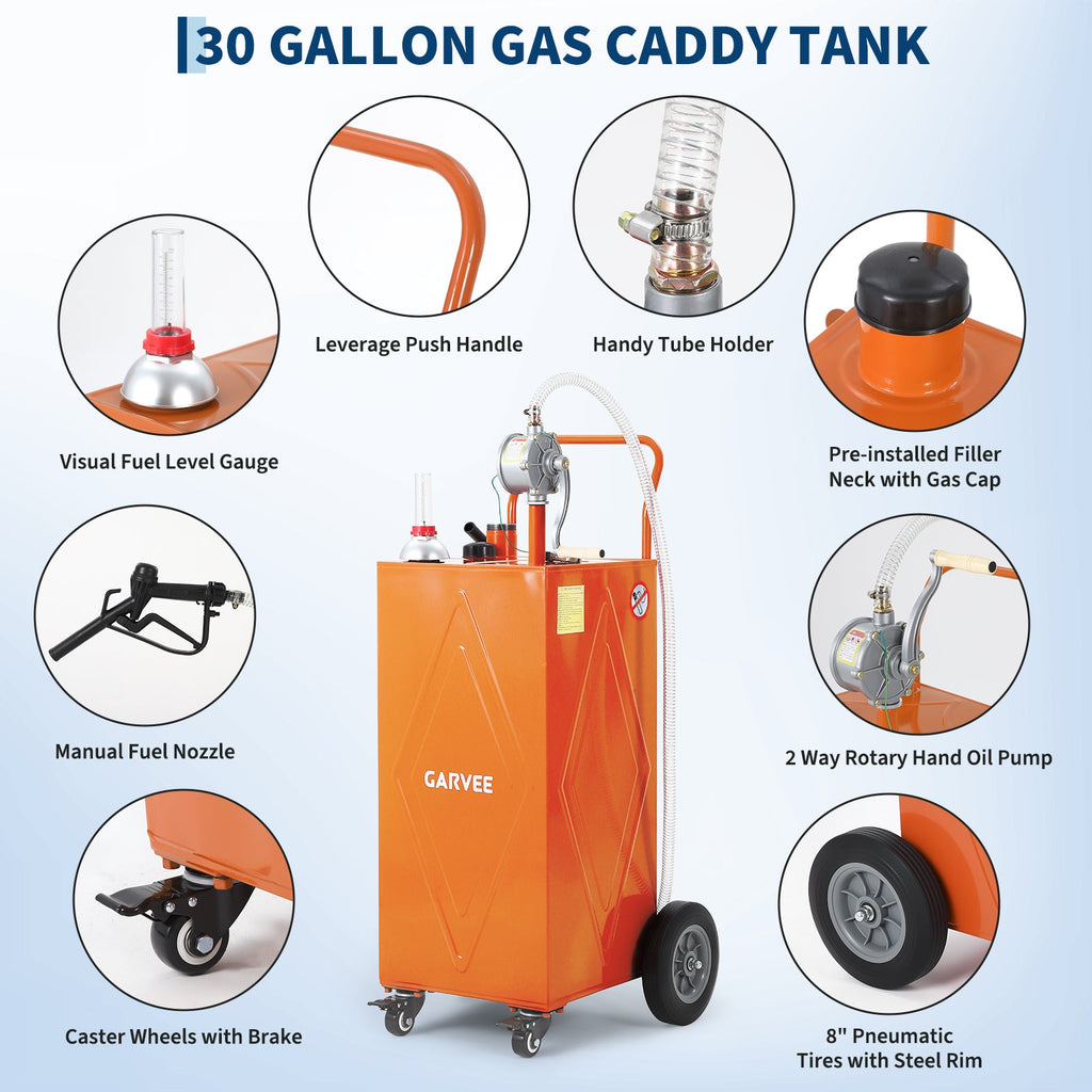 Garvee 35 Gallon Heavy-Duty Steel Fuel Caddy with Manual Rotary Pump – Mobile Gasoline & Fuel Injector Transfer Tank on Reinforced 4 All-Terrain Wheels – Portable Storage Container for Trucks, Boats, ATVs, Lawn Mowers, Farm Equipment – Orange – Reinforced