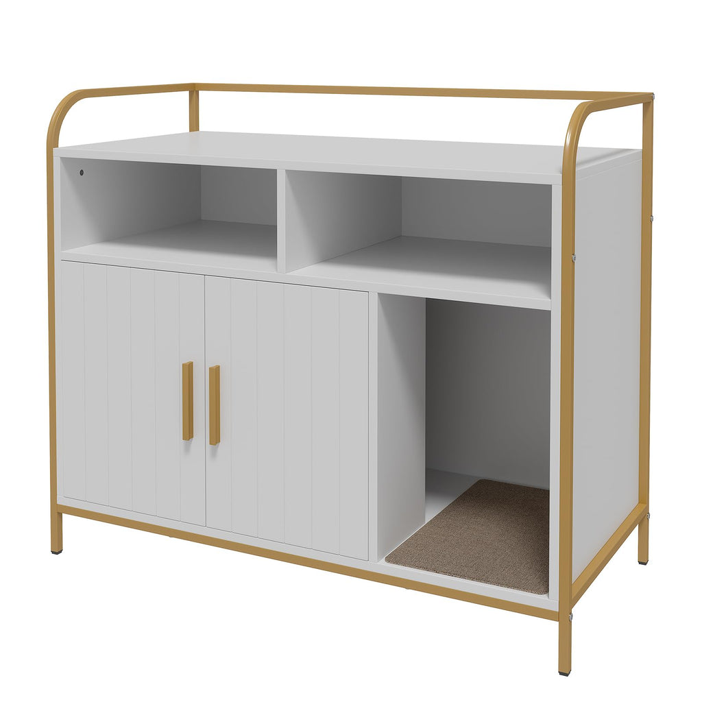 Garvee Cat Litter Box Enclosure, Wooden Cat Washroom Furniture with Barn Door, Storage Shelf and Top Display Shelf, Hidden Litter Box Cover, Dog Proof Feline Litter Boxes, Kitty House, Fits Most Litter Boxes, White