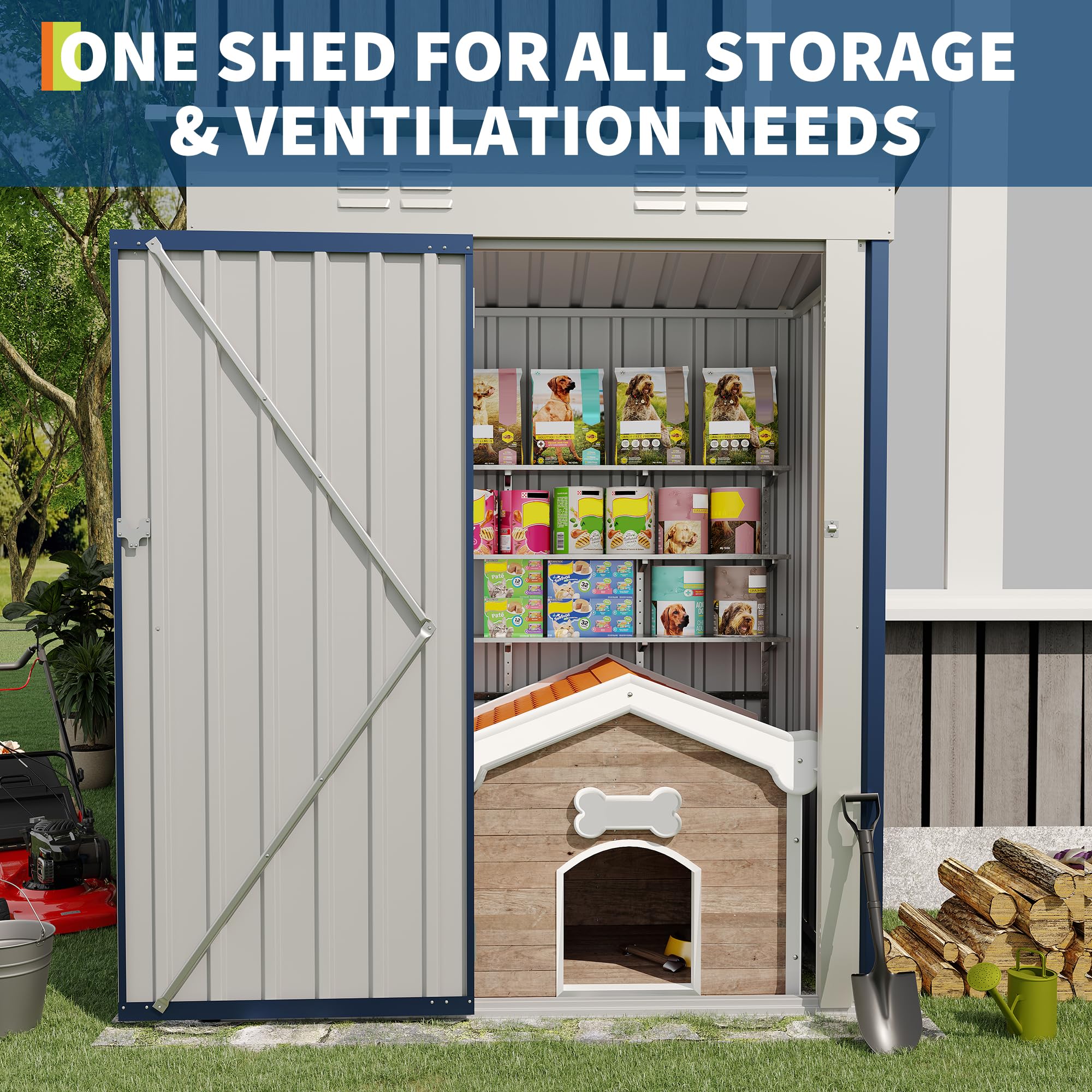 Garvee 5×3FT Heavy Duty Metal Outdoor Storage Shed, Weather-Resistant Garden Tool Shed with Lockable Single Door, Sloped Roof & Vents, Rustproof Patio Storage House for Backyard, Lawn, Navy Blue