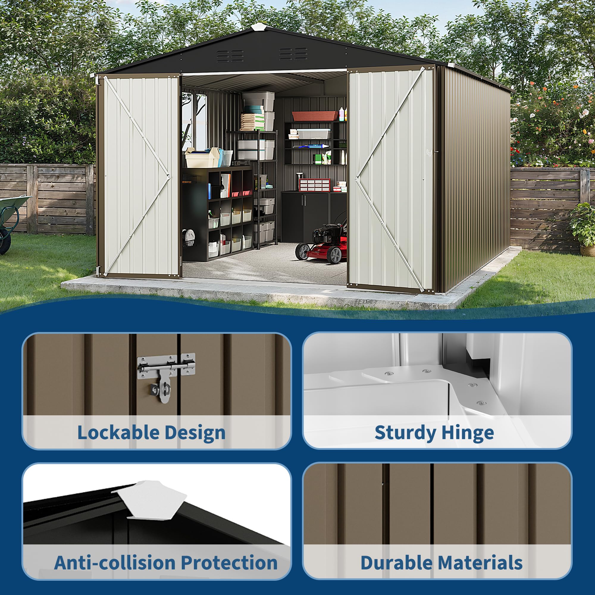Garvee 10 x 12 FT Outdoor Storage Shed, 143 x 119 x 65 in Galvanized Steel Garden Shed with Lockable Door, Cross Windows and Peaked Roof, Brown