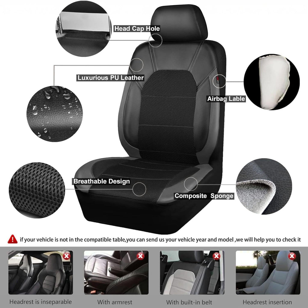 Garvee Global 9-Piece PU Leather Car Seat Cover Set – Full Coverage, Waterproof, Breathable, Non-Slip, Safety Cushion Compatible, Easy Installation – Fits Auto, Ford, Audi, Toyota, French Car, Mini, Includes Headrest Covers – Gray