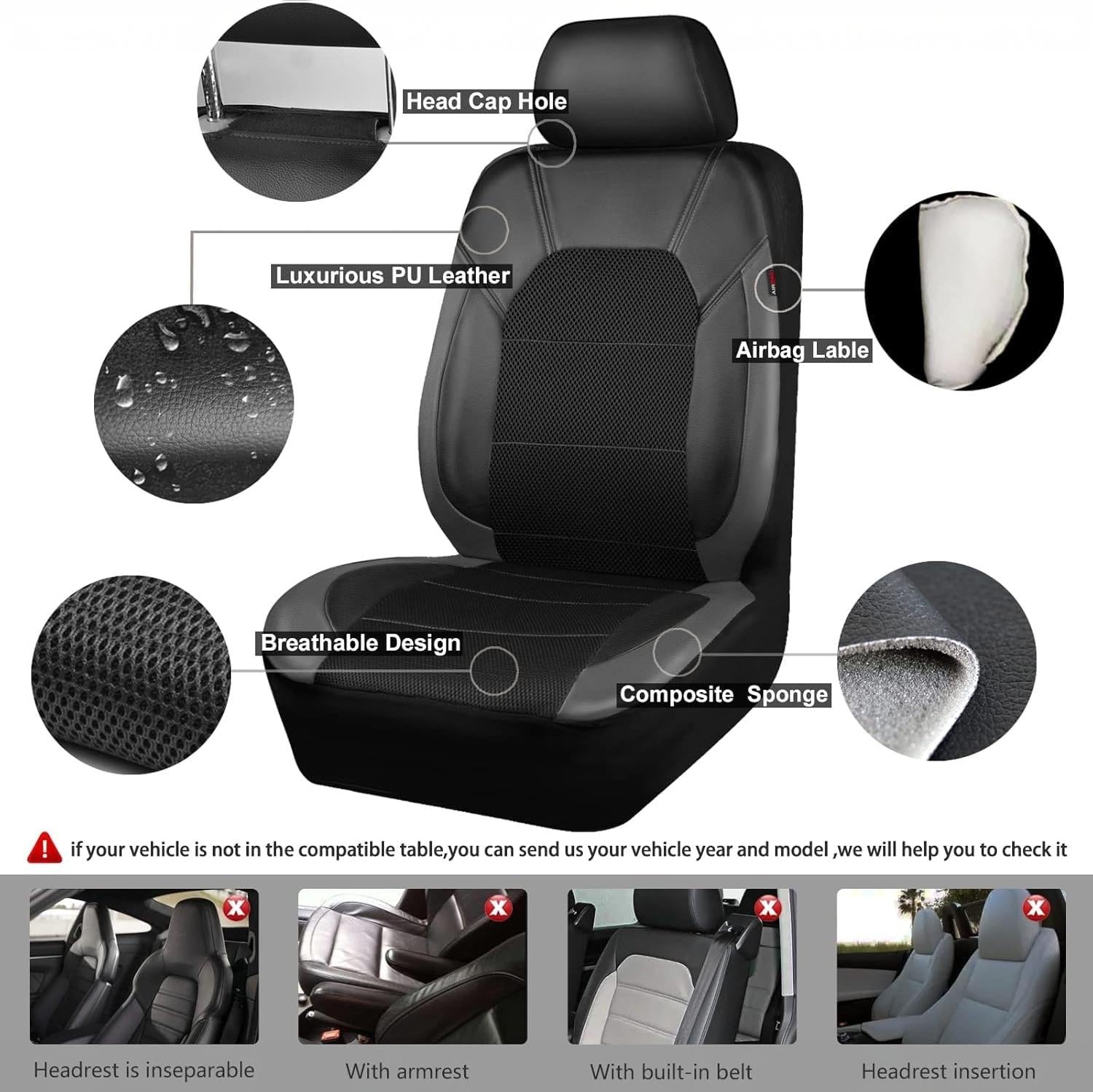 Garvee Global 9-Piece PU Leather Car Seat Cover Set – Full Coverage, Waterproof, Breathable, Non-Slip, Safety Cushion Compatible, Easy Installation – Fits Auto, Ford, Audi, Toyota, French Car, Mini, Includes Headrest Covers – Gray
