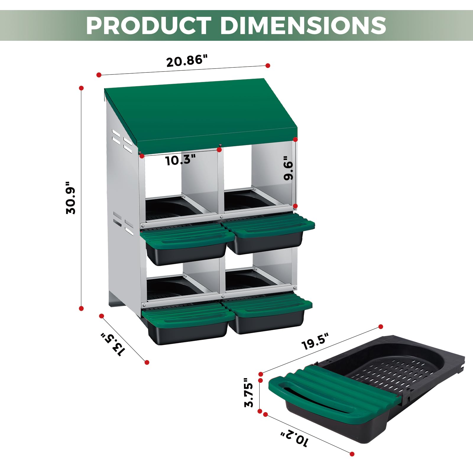 Garvee 4-Compartment 2-Tier Chicken Nesting Box – Roll-Away Tray & Support Stand, Green