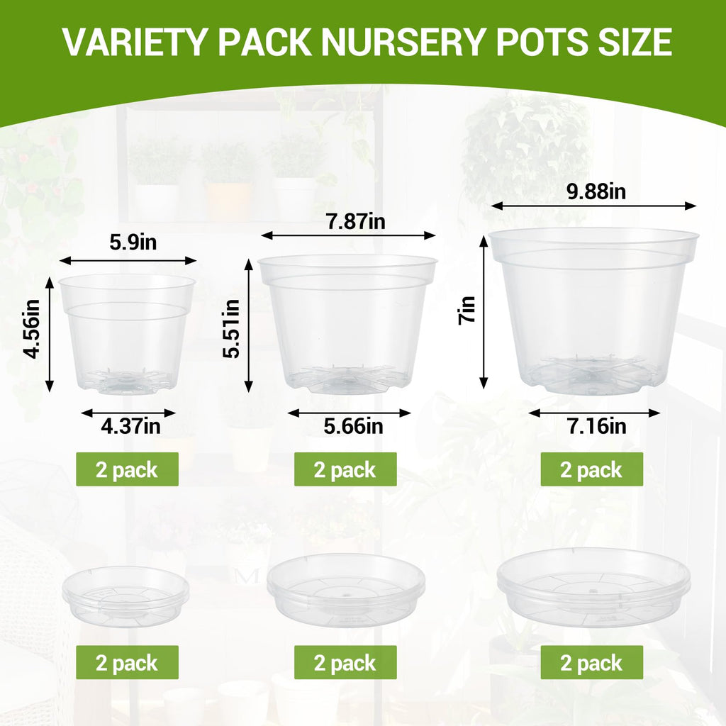 Garvee 6-Pack Clear Nursery Pots with Saucers, 6/8/10" Transparent Plastic Plant Pots with Drainage Holes, Thick Reusable Seed Starter Planters for Indoor & Outdoor Plants, Herbs, Flowers & Succulents