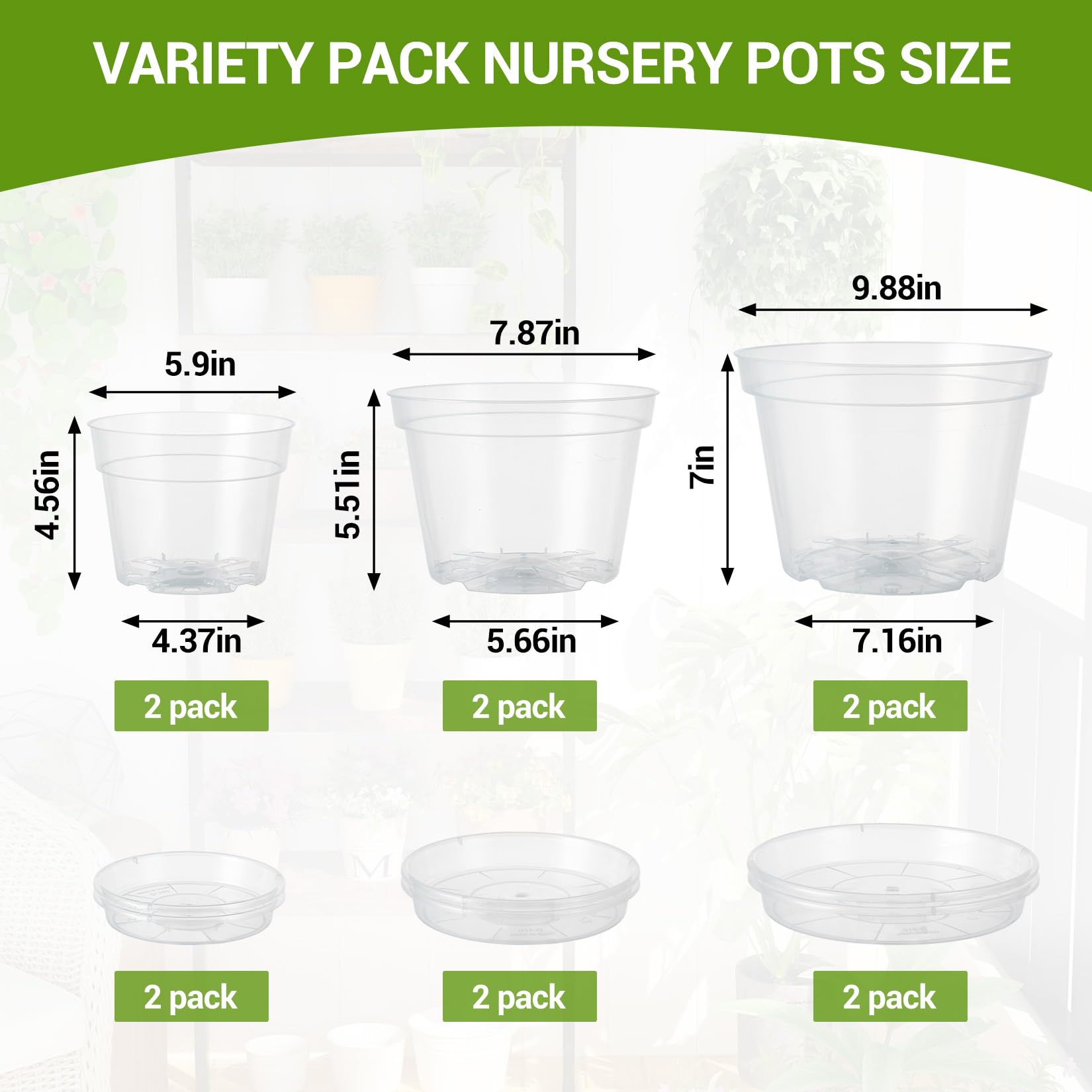 Garvee 6-Pack Clear Nursery Pots with Saucers, 6/8/10" Transparent Plastic Plant Pots with Drainage Holes, Thick Reusable Seed Starter Planters for Indoor & Outdoor Plants, Herbs, Flowers & Succulents