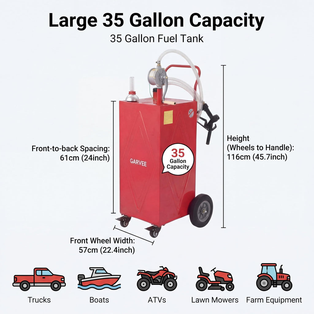Garvee 35 Gallon Portable Fuel Caddy – Manual Rotary Pump, Heavy-Duty Steel Gas & Fuel Transfer Tank, 4 All-Terrain Wheels, Mobile Refueling for Trucks, Boats, ATVs, Lawn Mowers, Farm Equipment – Reinforced 4-wheeler - Red - Li Junjie