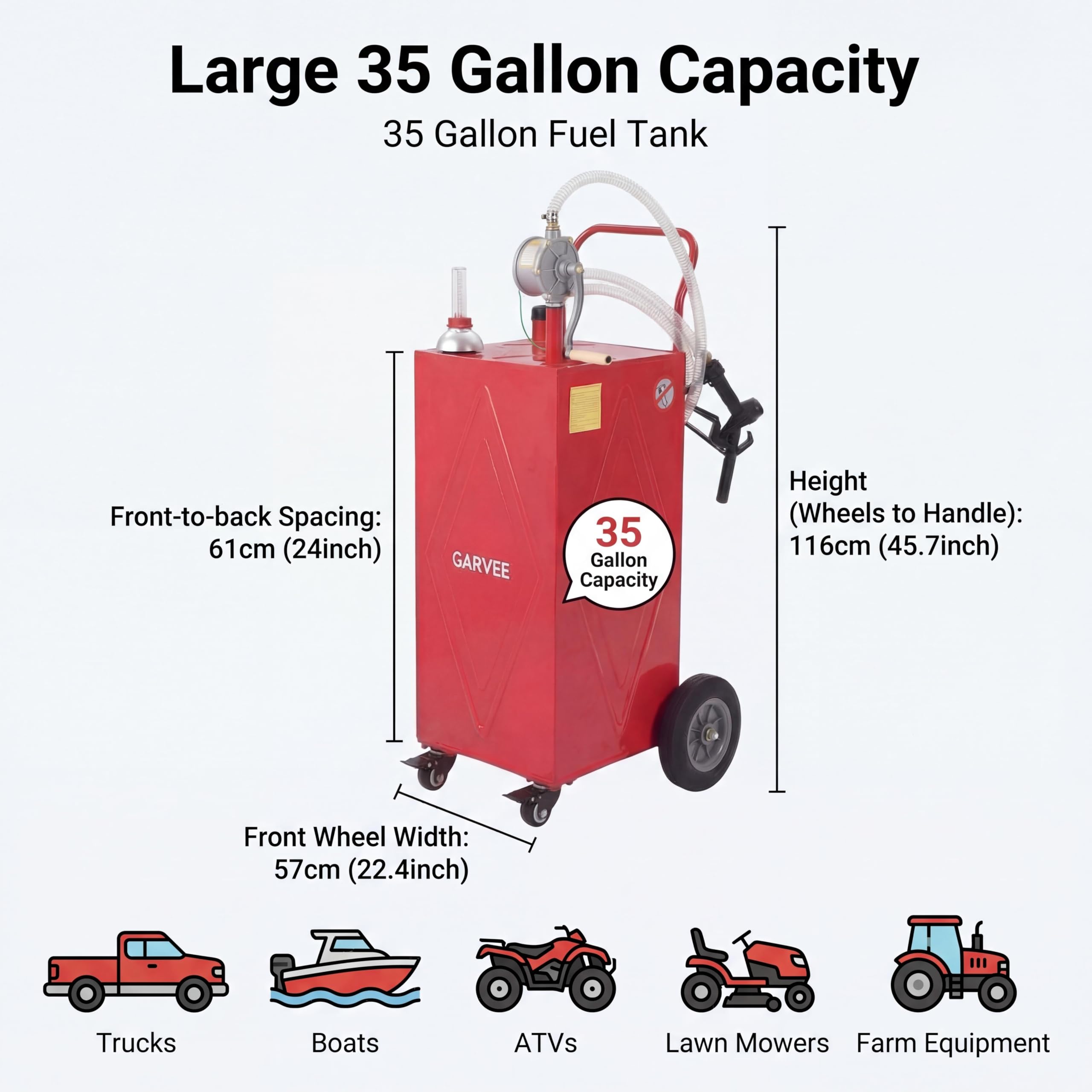 Garvee 35 Gallon Portable Fuel Caddy – Manual Rotary Pump, Heavy-Duty Steel Gas & Fuel Transfer Tank, 4 All-Terrain Wheels, Mobile Refueling for Trucks, Boats, ATVs, Lawn Mowers, Farm Equipment – Reinforced 4-wheeler - Red - Li Junjie
