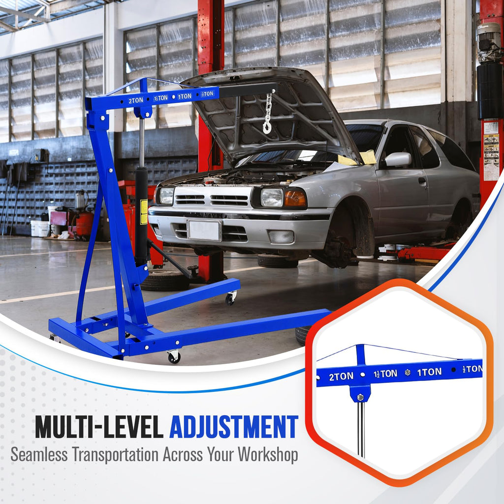 Garvee 2 Ton Hydraulic Engine Hoist with Lever Stabilizer, Adjustable Telescopic Boom, High-Strength Steel, 360° Swivel Casters, Foldable Frame for Auto Repair Workshop
