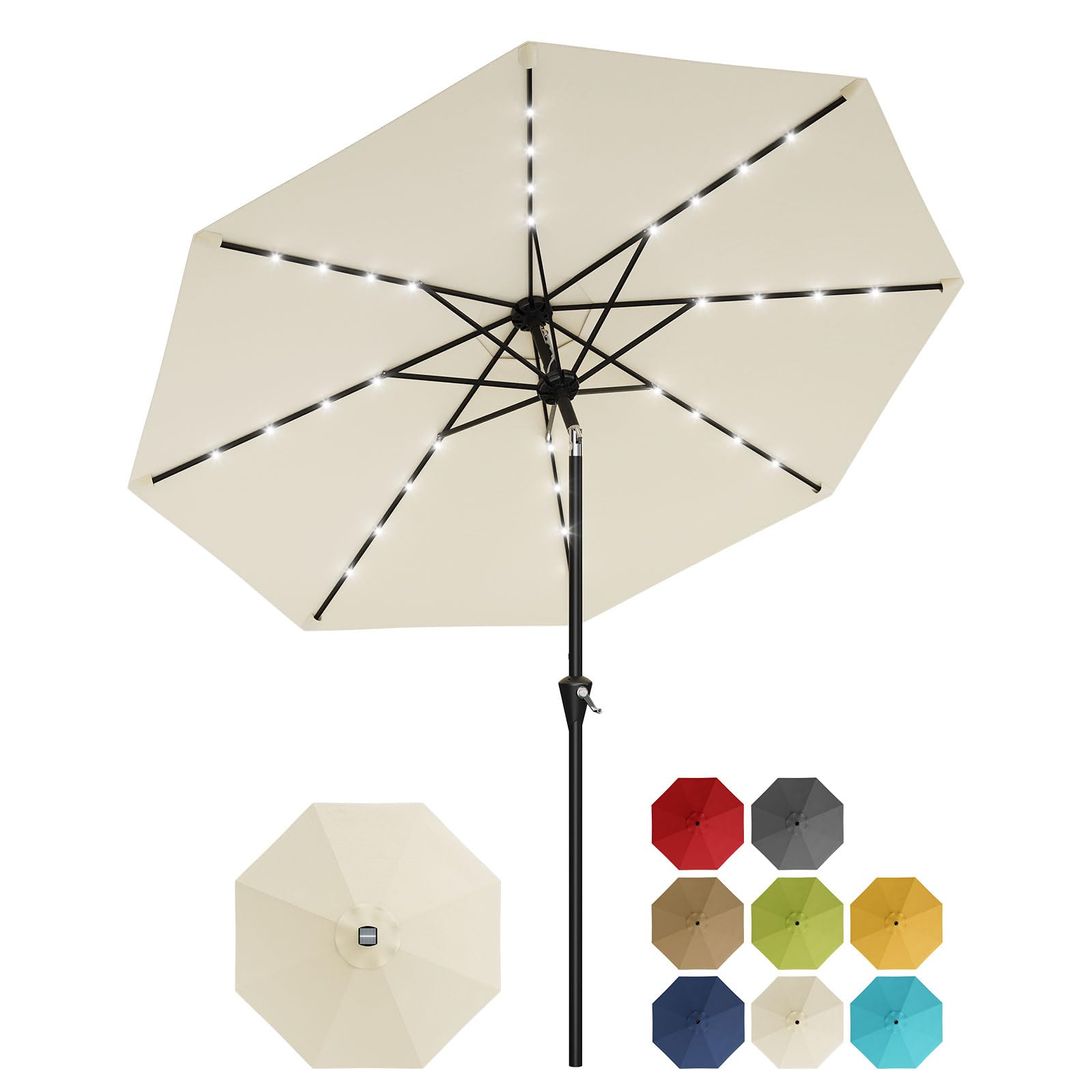 Garvee 10 ft Solar Patio Umbrella with 32 LED Lights, Outdoor Market Umbrella with Crank Lift & Tilt, UV-Resistant Canopy for Pool, Garden & Backyard, Beige