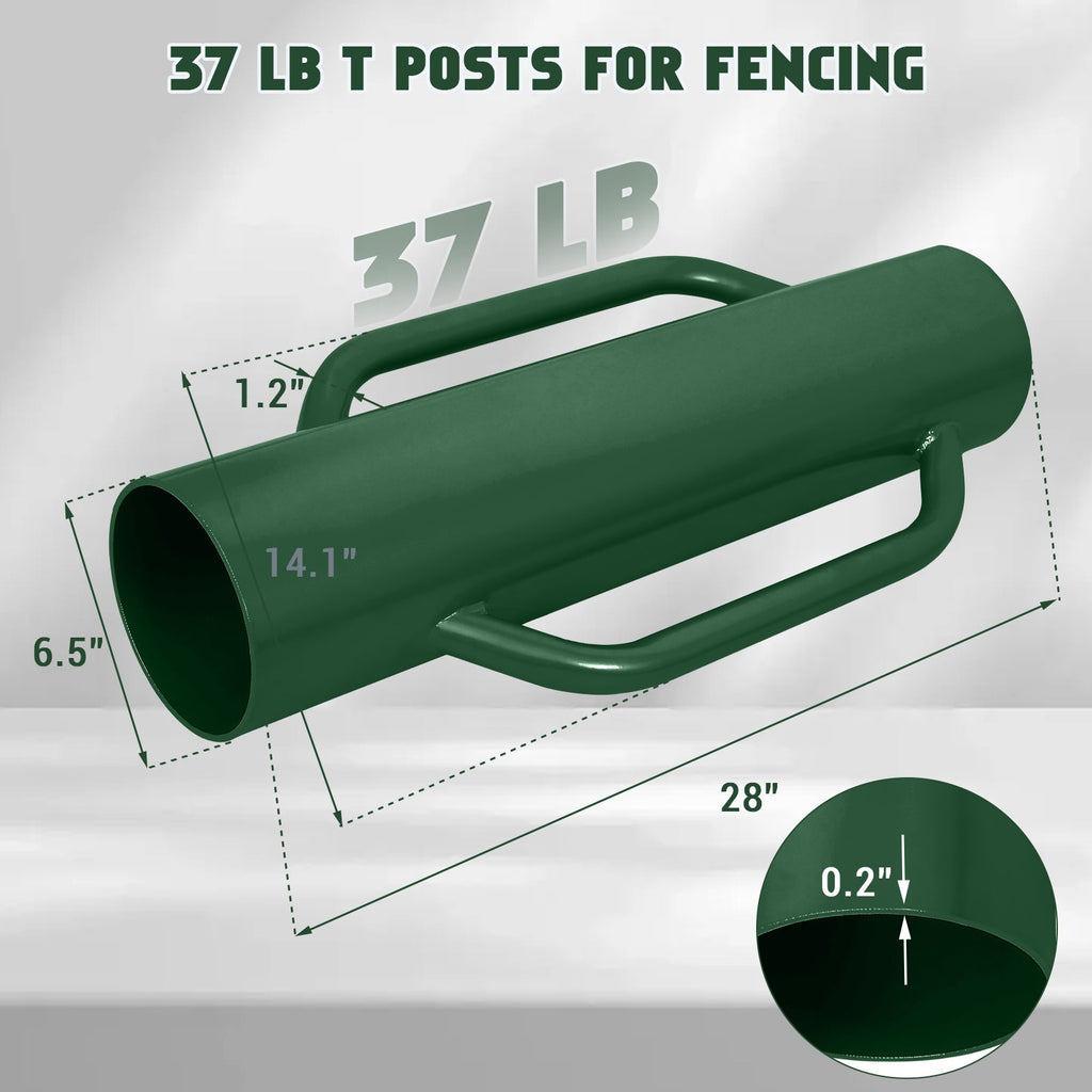 Garvee 37 LB Heavy Duty Steel Fence Post Driver with Dual Handles - 28" x 6.5" Manual T-Post & U-Post Rammer, 0.2" Thick Carbon Steel Soil Compactor for Wooden Posts, Metal Fencing Stakes, and Sign Poles (Green)