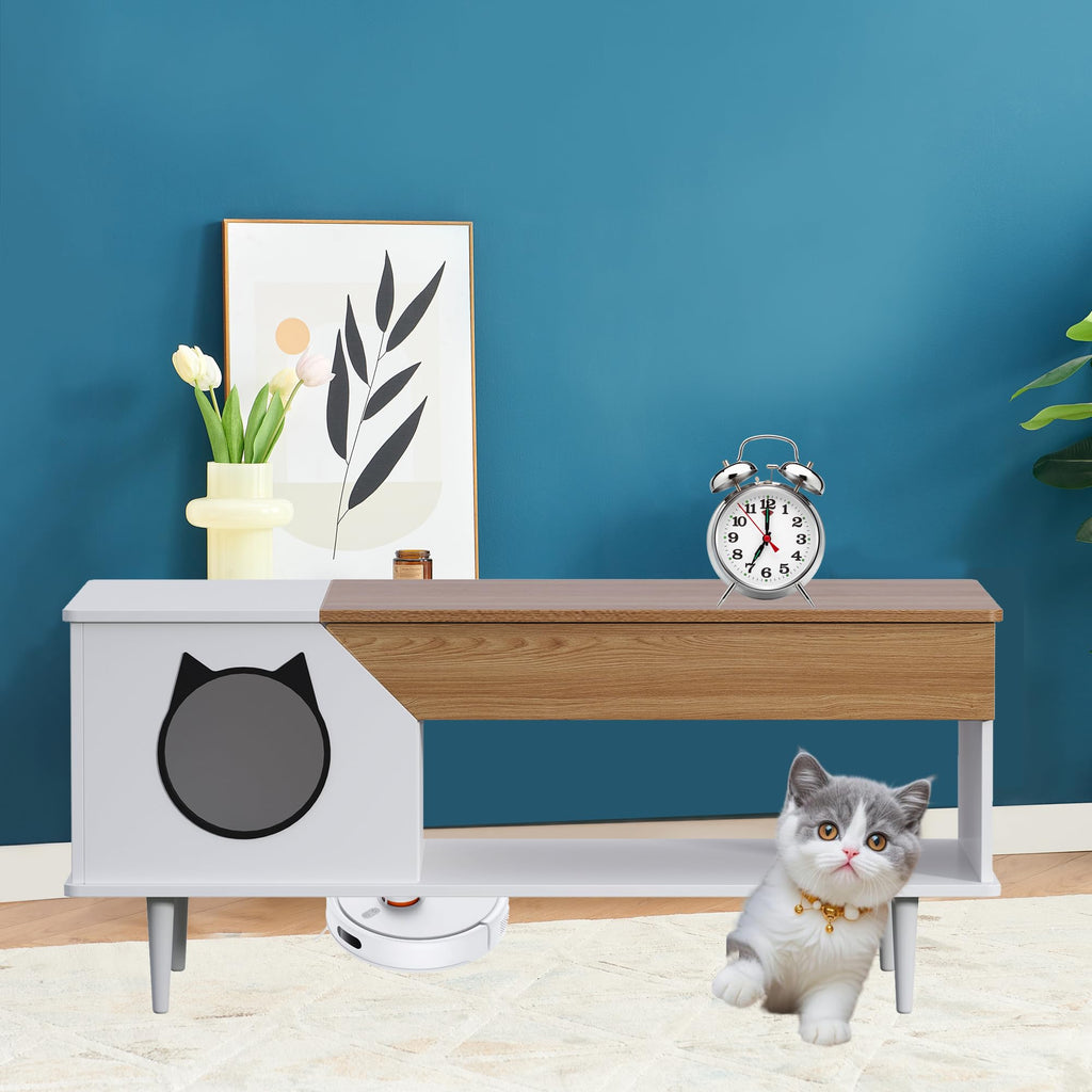 Garvee Cat Litter Box Enclosure, Cat Head Decor Storage Cabinet, Hidden Litter Box Furniture, Wooden Cats Washroom Furniture, Indoor Pet House, 44.9" L x 21.2" W x 20.5" H