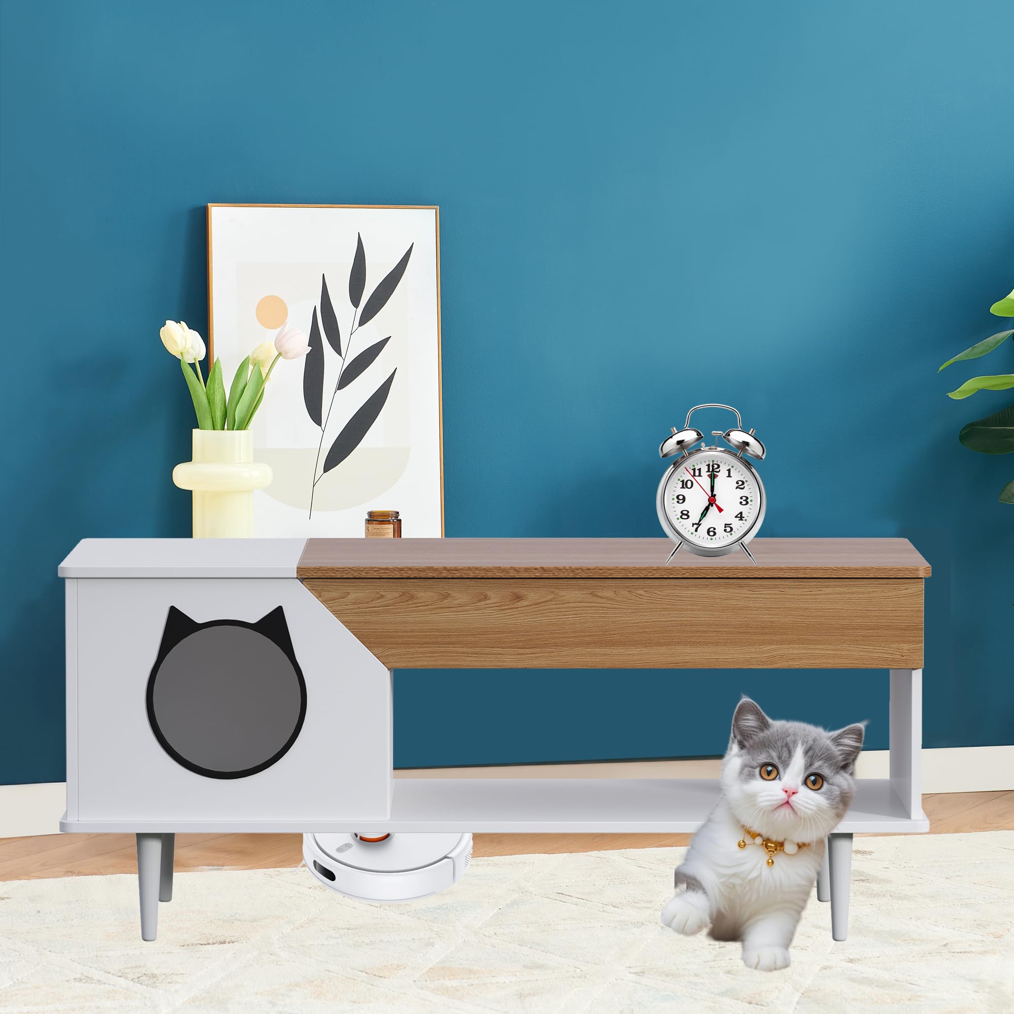 Garvee Cat Litter Box Enclosure, Cat Head Decor Storage Cabinet, Hidden Litter Box Furniture, Wooden Cats Washroom Furniture, Indoor Pet House, 44.9" L x 21.2" W x 20.5" H
