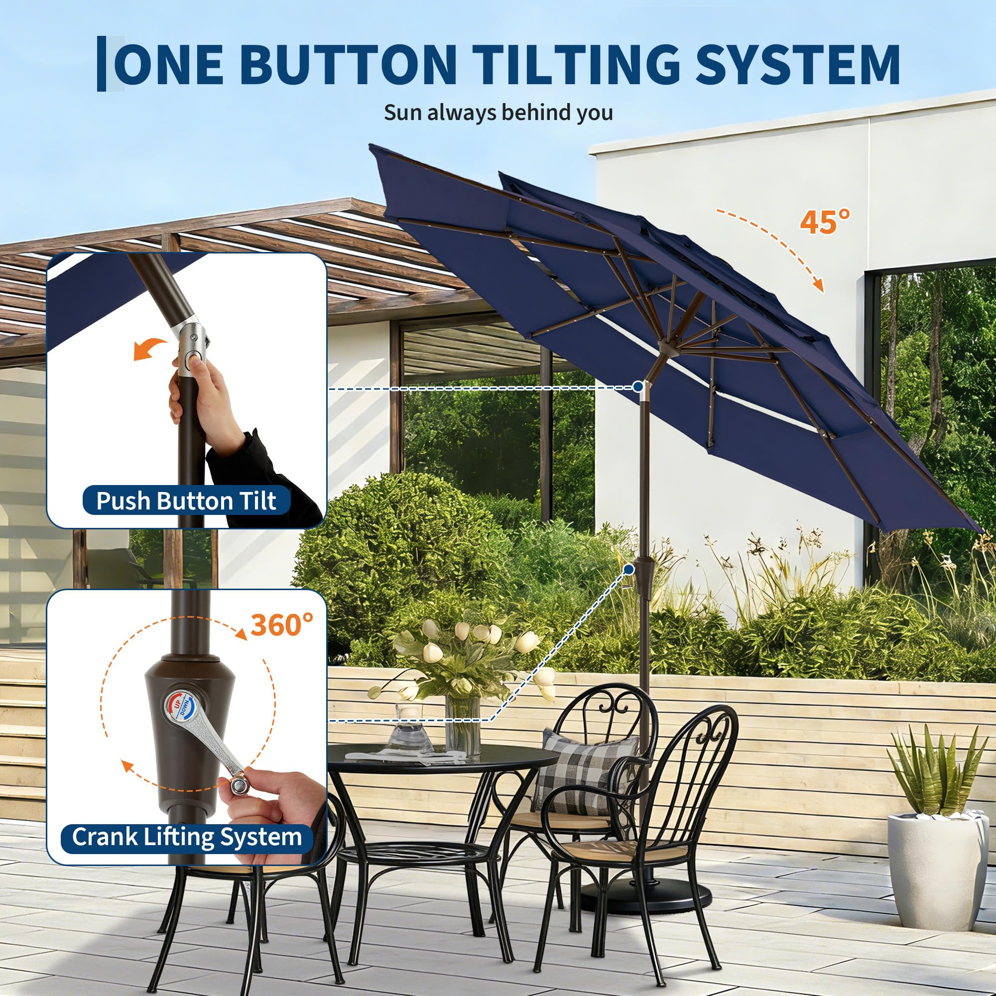 Garvee 10 FT Solar Patio Umbrella, 3-Tier Vented Canopy with 24 LED Lights, 8-Rib Steel Frame, Crank Tilt Outdoor Umbrella for Backyard, Pool & Deck, Blue