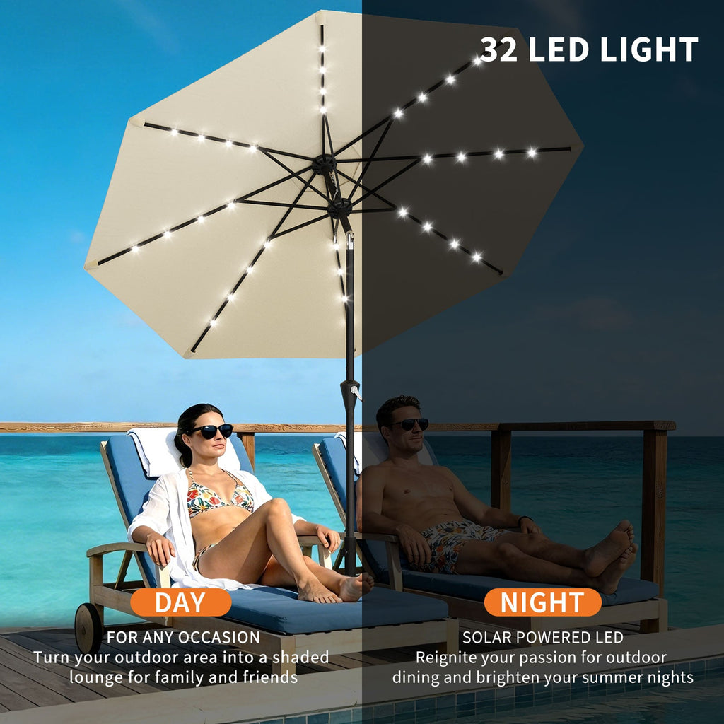 Garvee 9FT Solar LED Patio Umbrella, Waterproof Outdoor Market Table Umbrella with 8 Ribs, Crank Lift, Push Button Tilt, UV Protection for Garden, Pool & Deck, Beige