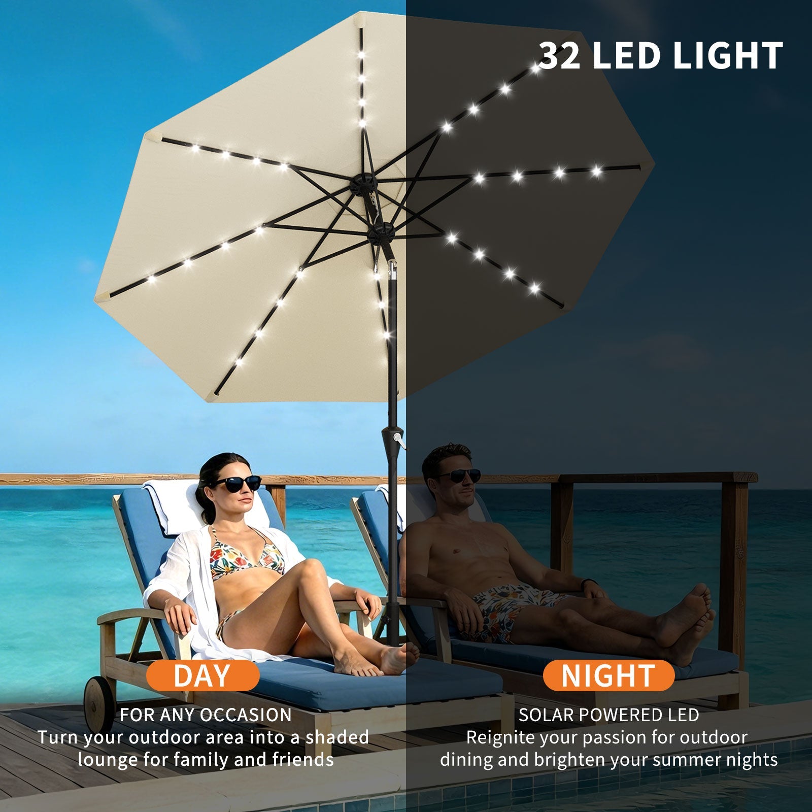 Garvee 9FT Solar LED Patio Umbrella, Waterproof Outdoor Market Table Umbrella with 8 Ribs, Crank Lift, Push Button Tilt, UV Protection for Garden, Pool & Deck, Beige