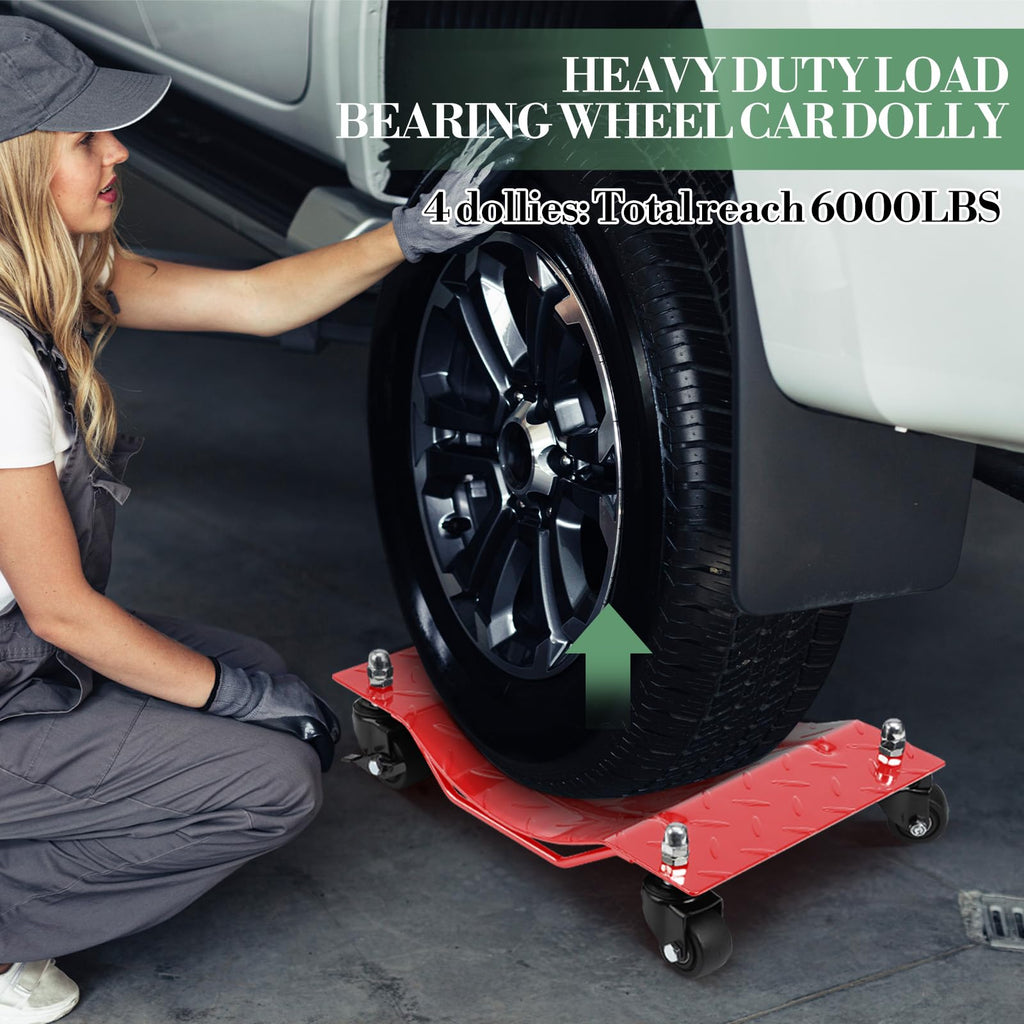 Garvee Upgraded Wheel Dolly Set of 4 - 6000LBS Capacity Vehicle Dollies with 360° Rotational Nylon Wheels, Steel Tire Skates with Brakes, 5mm Steel Plate for Moving Cars, Trucks, and Carts, Red