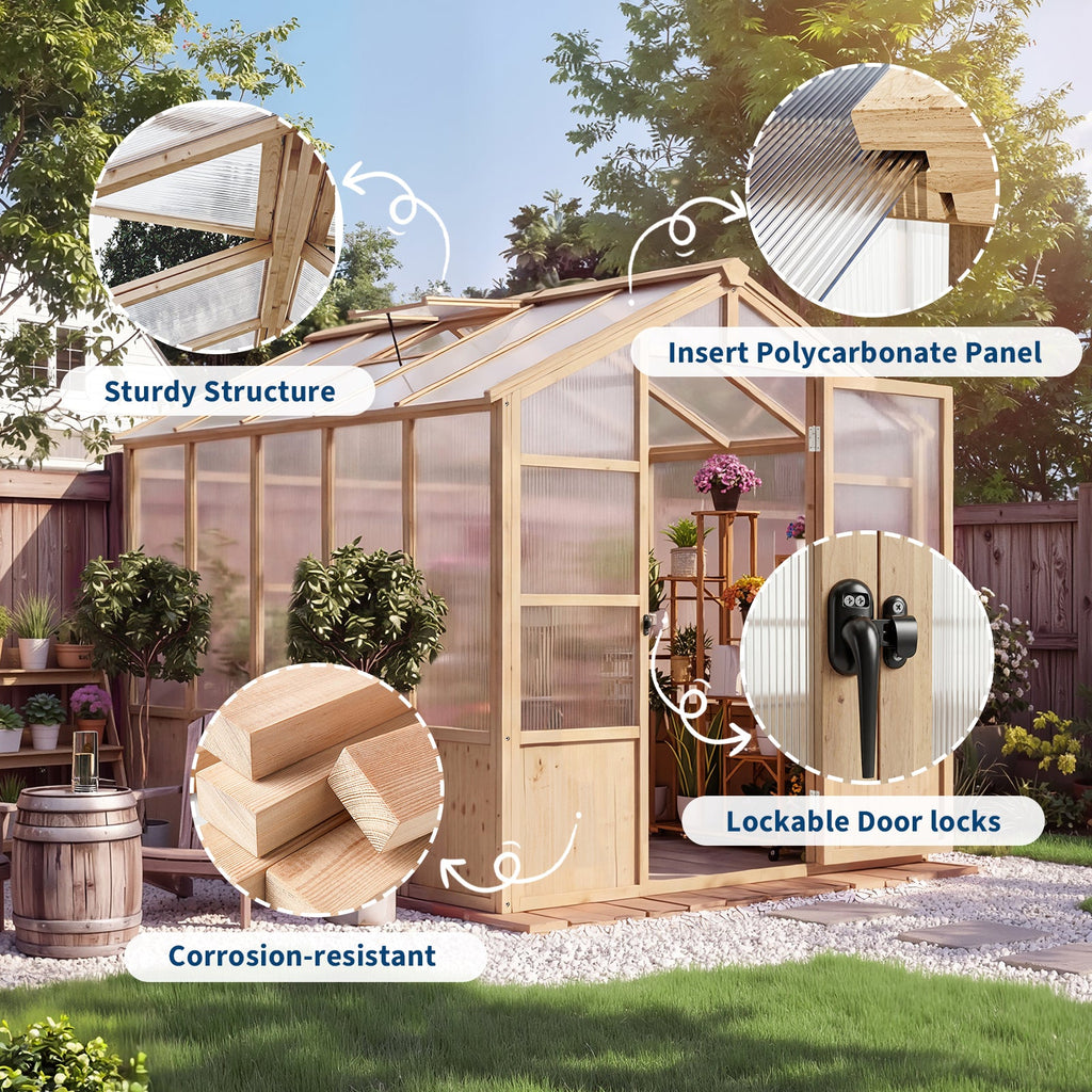 Garvee 6' x 10' Wooden Walk-In Greenhouse Kit, Outdoor Green House with Natural Spruce Wood Frame, Polycarbonate Panels, Ventilated Windows & Lockable Door for Garden, Backyard, Patio & Lawn